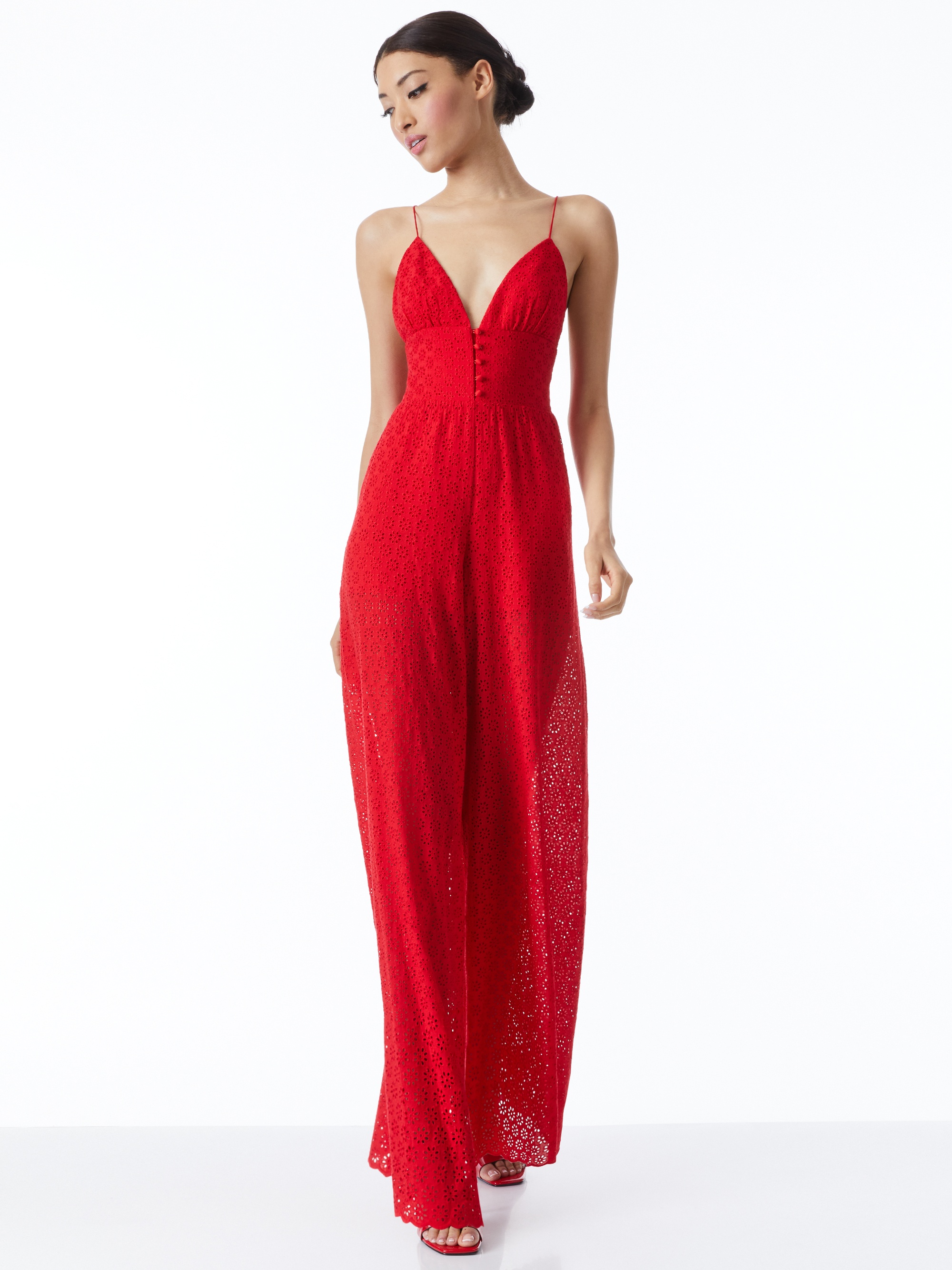 TILLY EYELET WIDE LEG BUTTON FRONT JUMPSUIT - 4