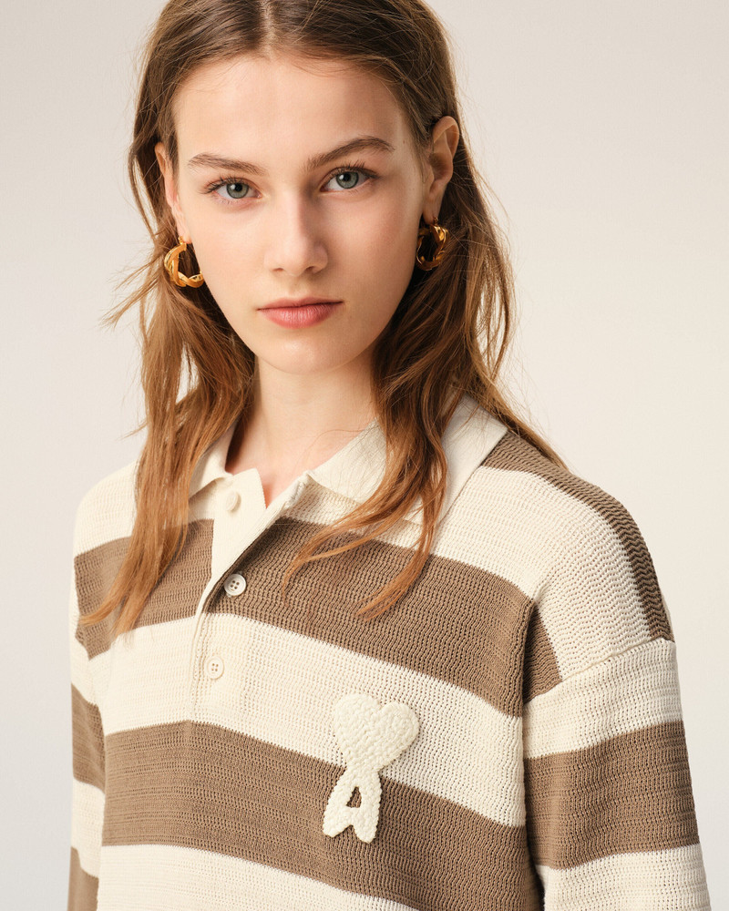 WHITE AND BROWN COTTON POLO DRESS AMI DE COEUR PATCH 4