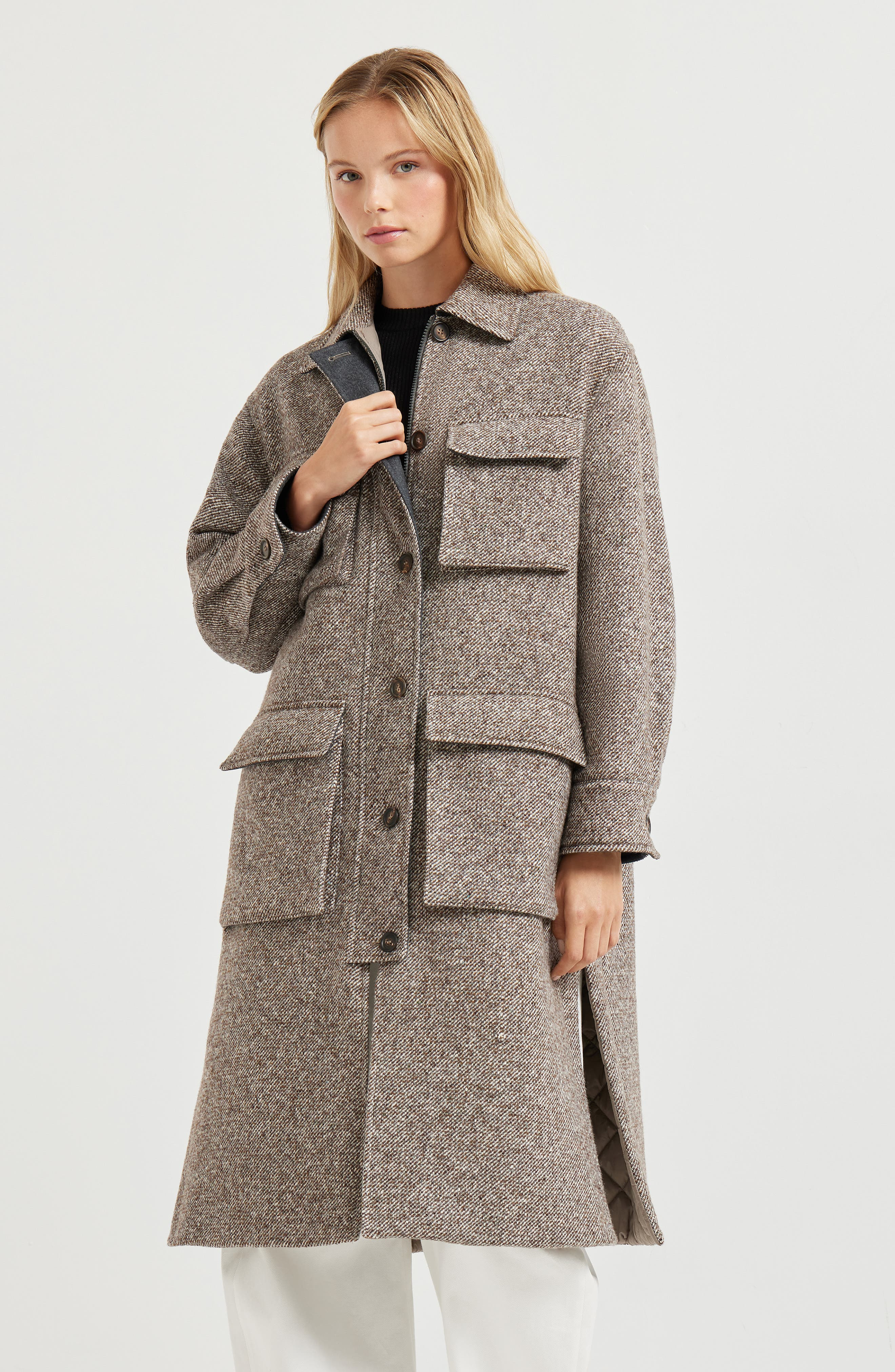Brunello Cucinelli Mélange diagonal coat in Light Brown at Nordstrom - 2