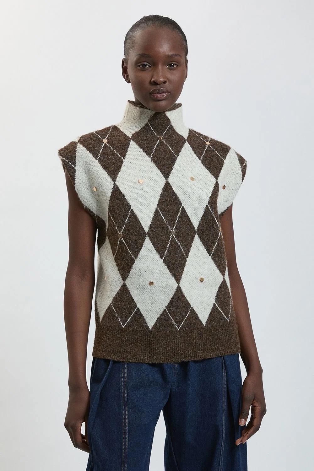Studded Argyle Wool Blend Cosy Knitted Top - 1