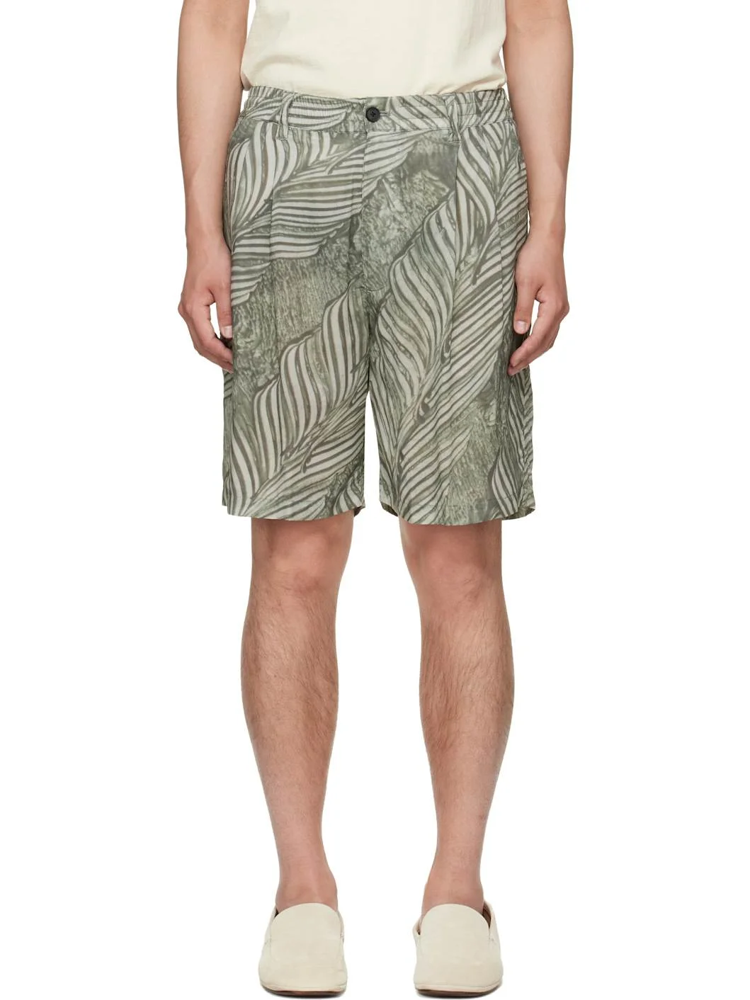 Green Leaf Pattern Printed Rayon 2Pleated Easy Shorts - 1
