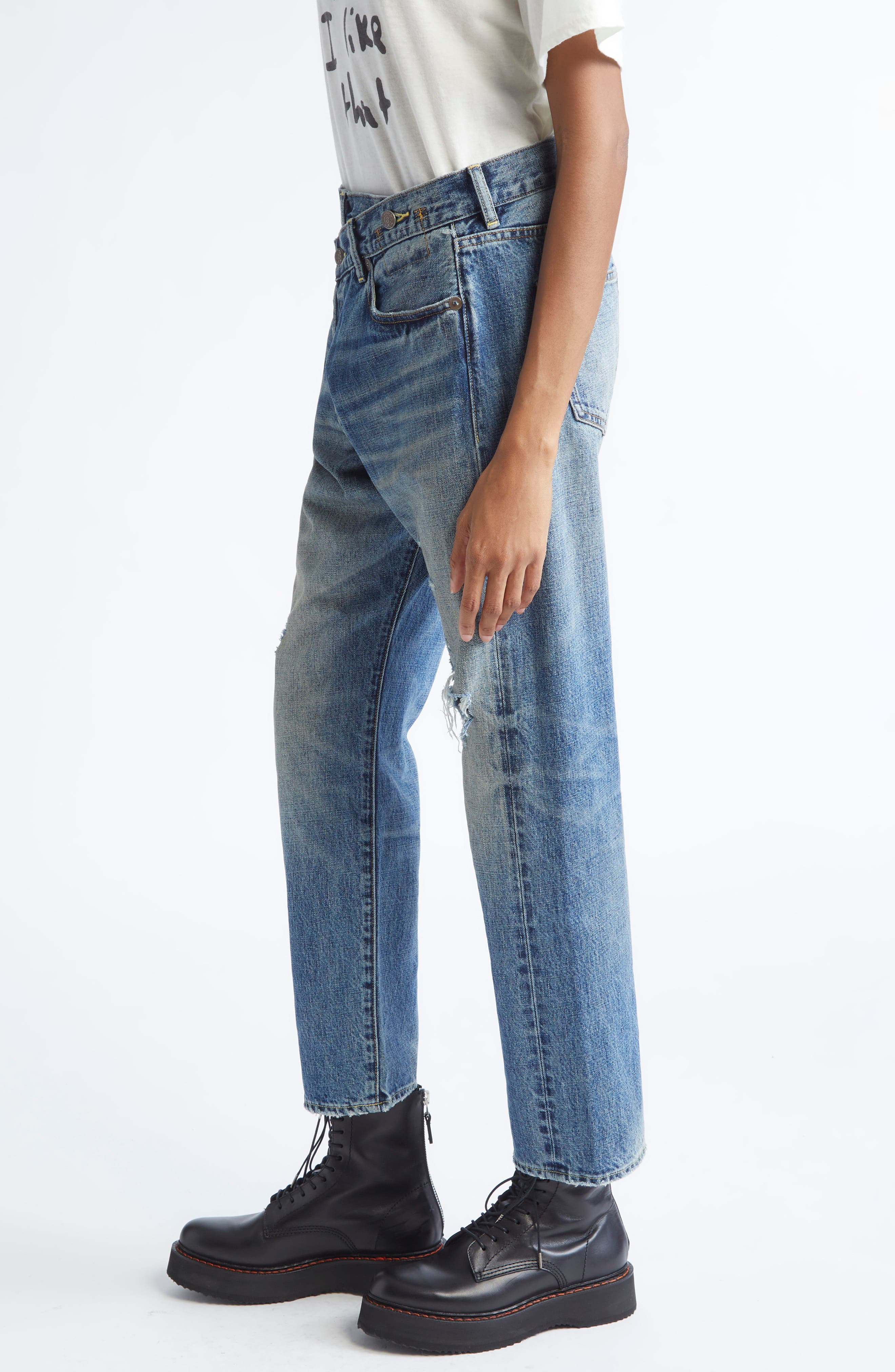 R13 Crossover Ripped Knee Straight Leg Jeans in Leo Blue at Nordstrom - 4