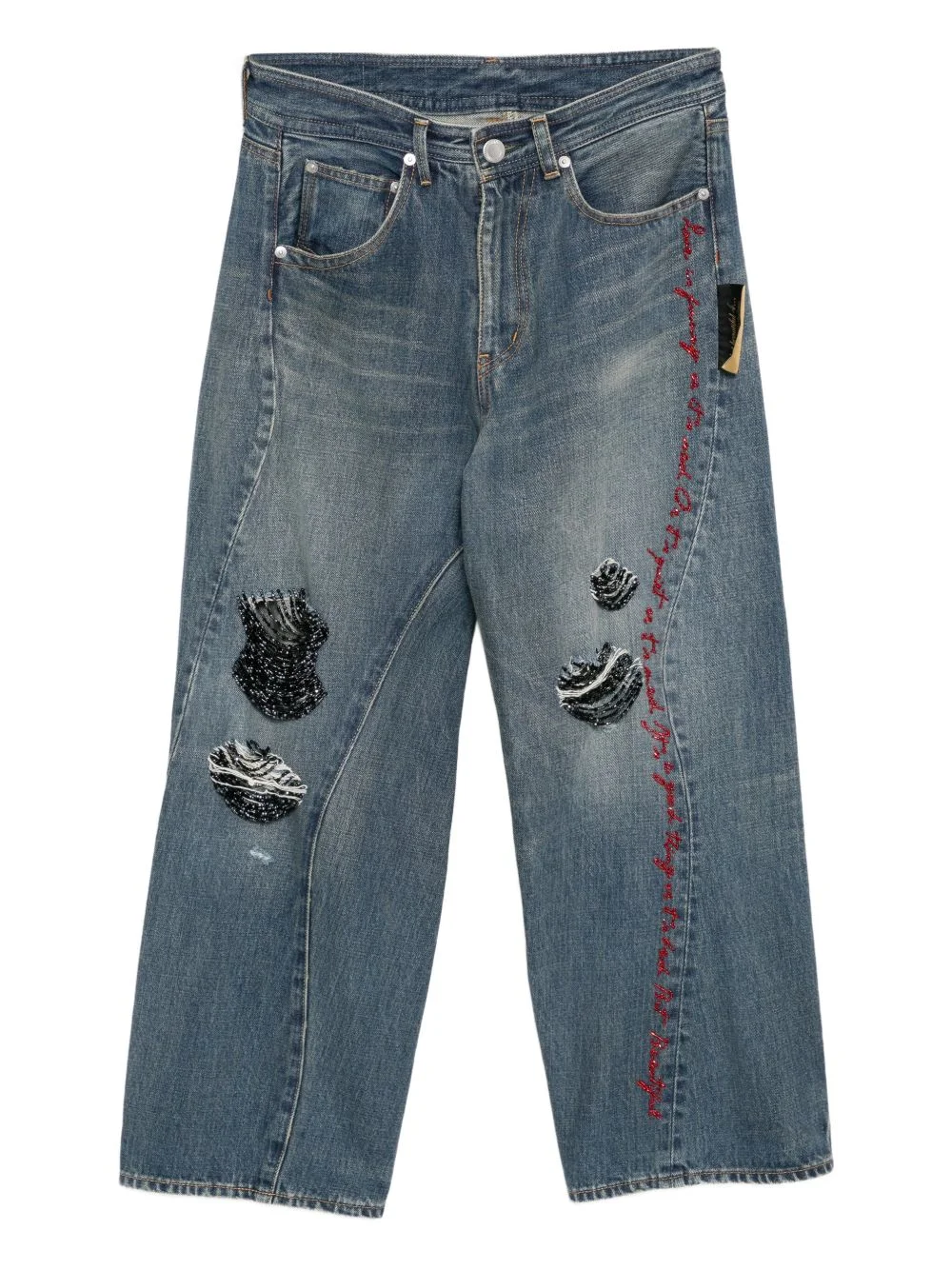bead-embellished ripped jeans - 1
