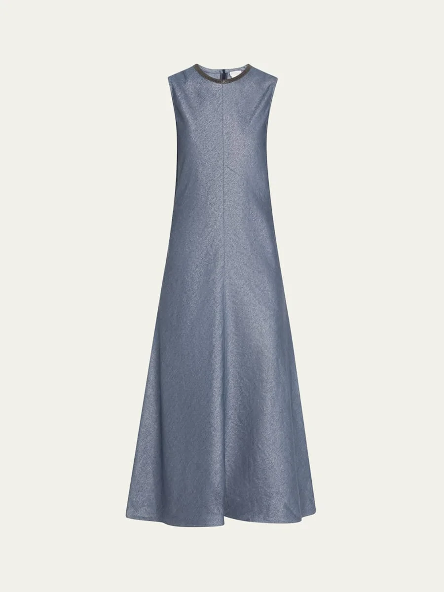 Shiny Long Linen Wool Twill A-Line Dress with Monili Neckline - 1