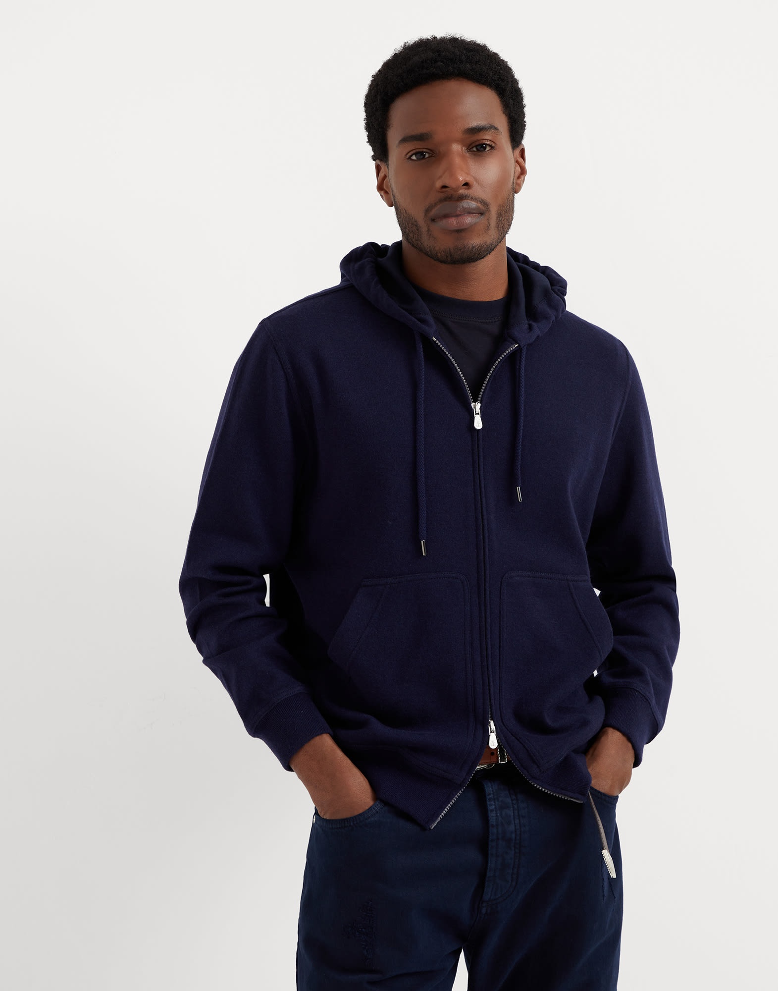 Brunello Cucinelli Cashmere and cotton French terry double cloth hooded sweatshirt with zipper REVERSIBLE