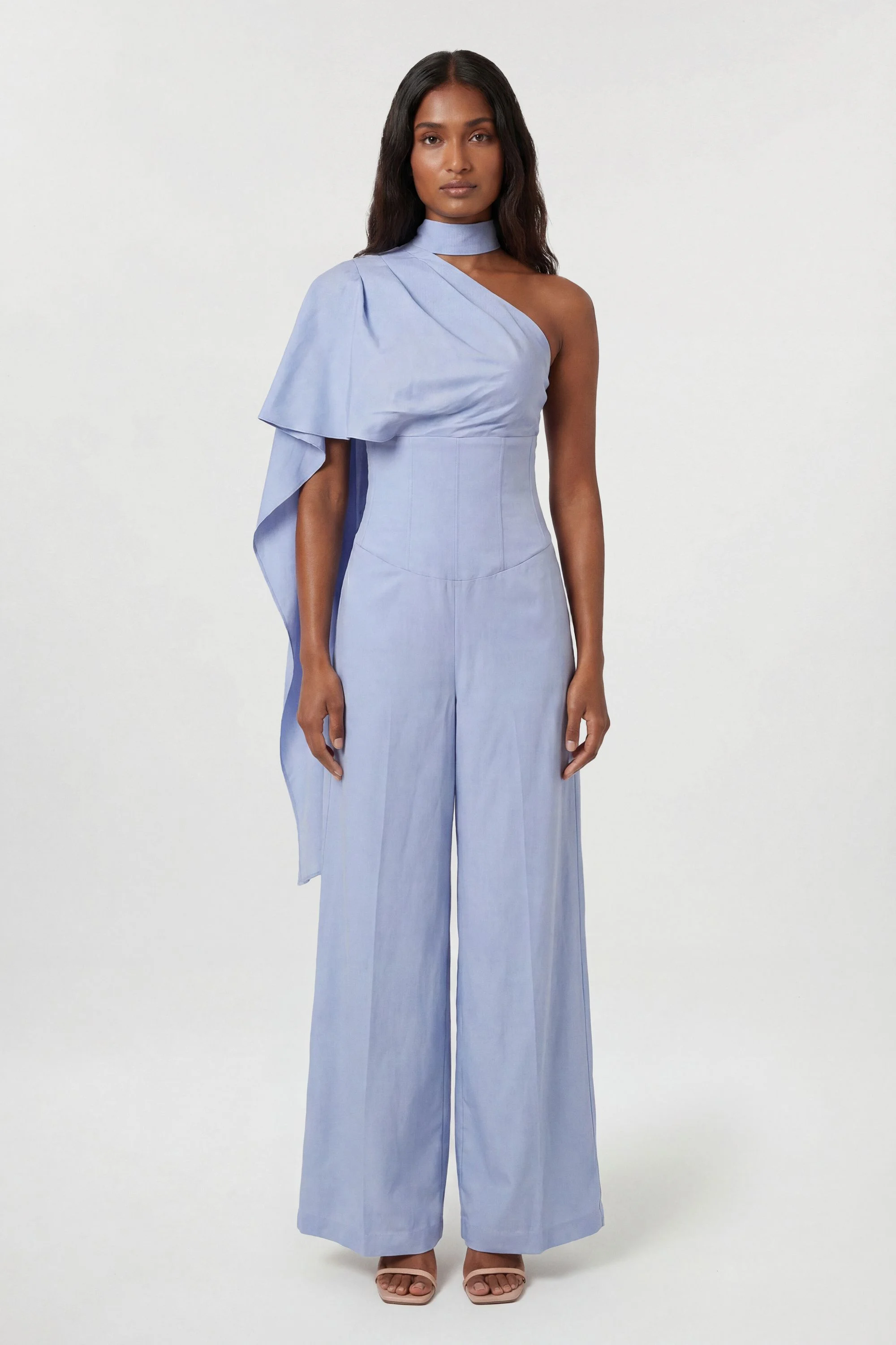 Premium Tailored Linen High Neck One Shoulder Wide Leg Jumpsuit - 1