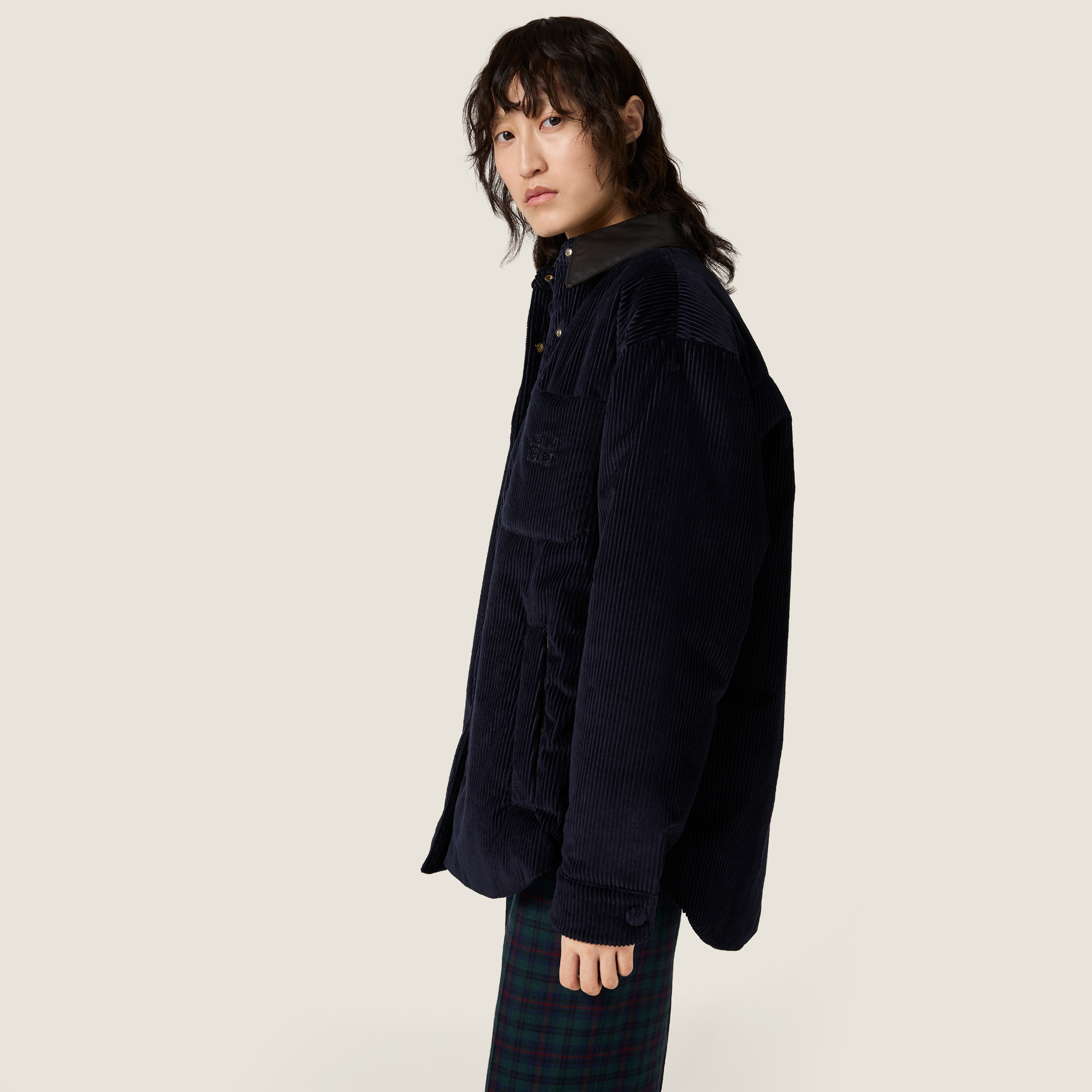 Corduroy and nappa leather down jacket - 5