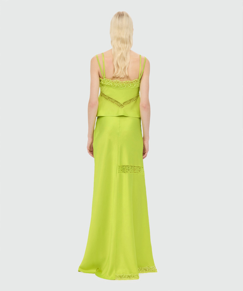 Lime long satin skirt with flared hem and lace inserts 3