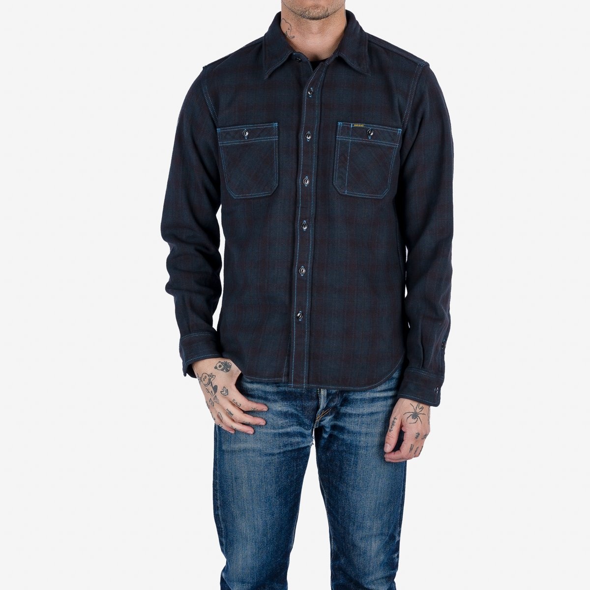 IHSH-339-OD Ultra Heavy Flannel Blanket Check Work Shirt - Sax Blue Overdyed Black - 2