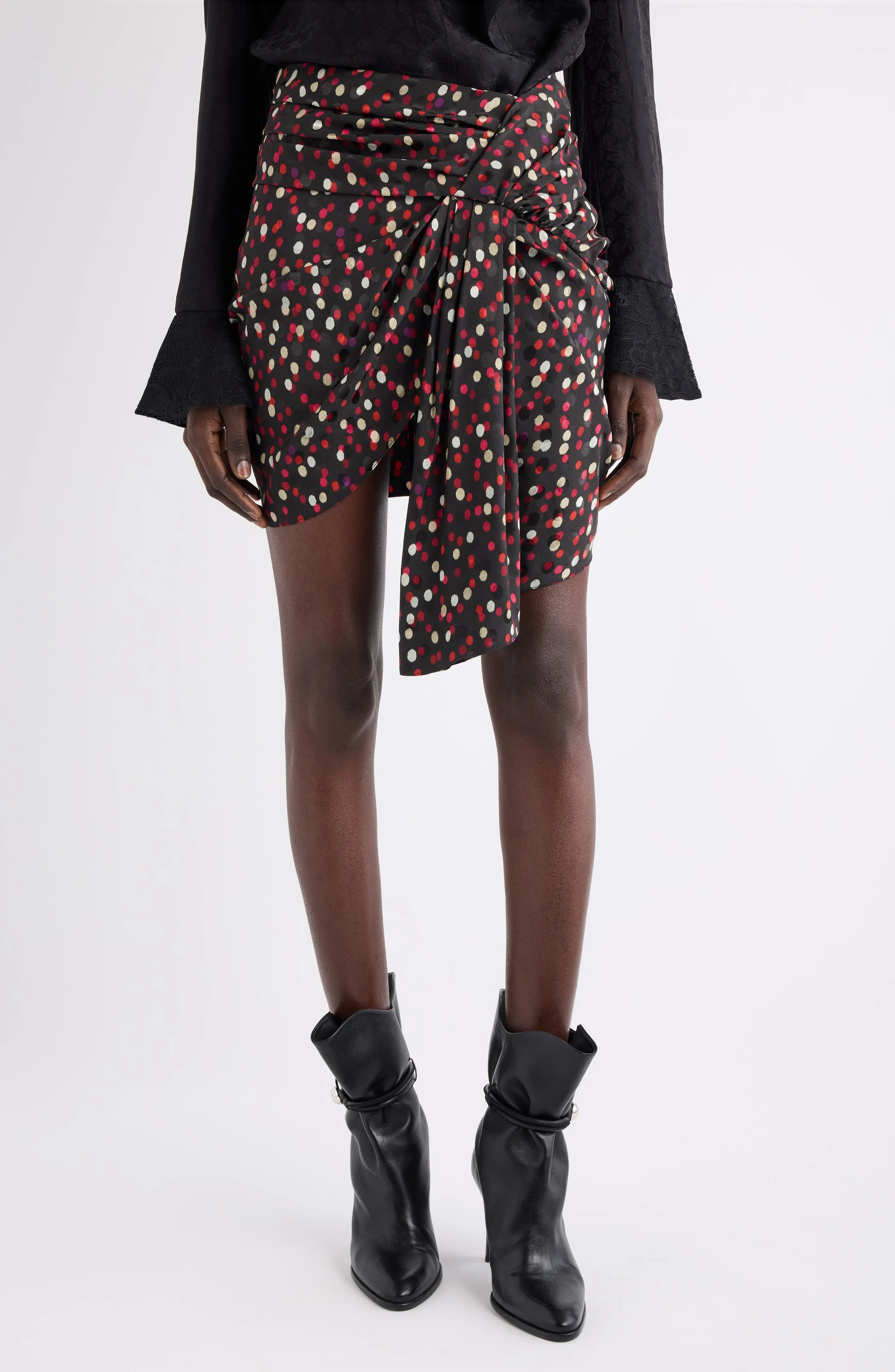 Isabel Marant Ovia Polka Dot Asymmetric Gathered Miniskirt in Black/Red at Nordstrom - 1