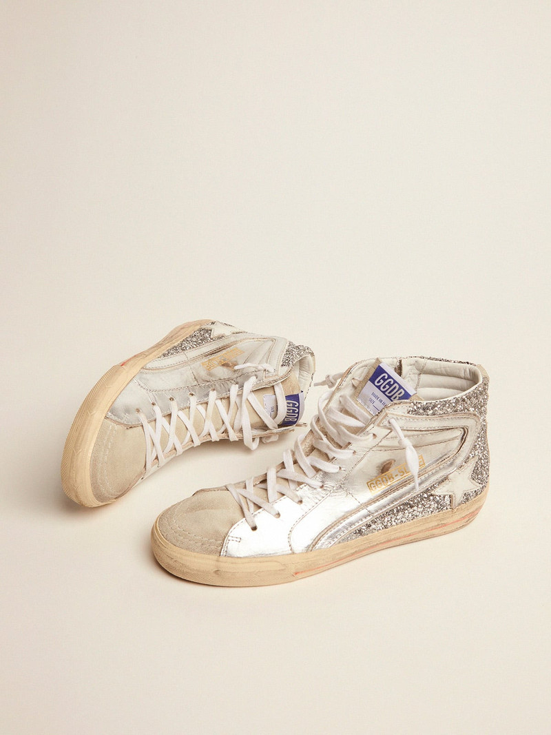 Golden Goose Slide sneakers with upper in laminated leather and silver glitter outlook