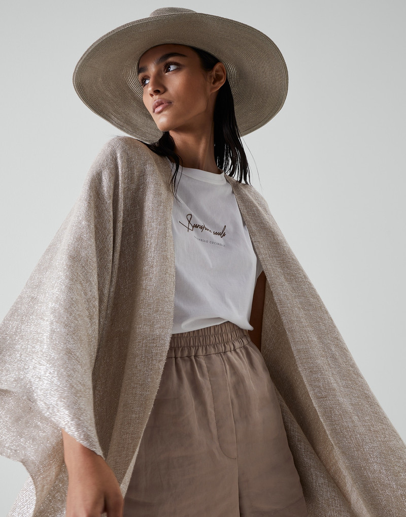 Brunello Cucinelli Sparkling linen poncho with macramé fringe outlook