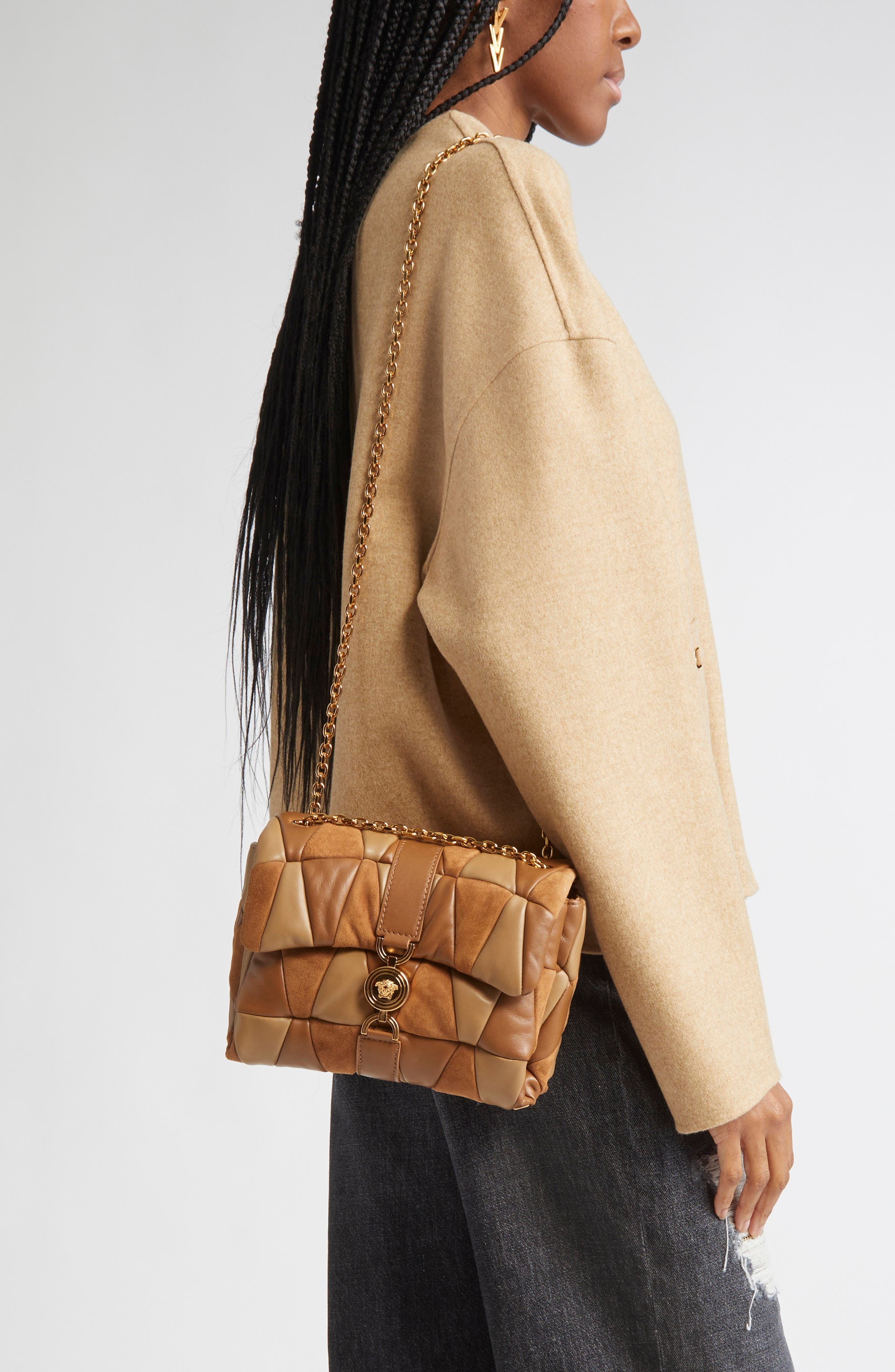 Versace Kleio Medusa 95 Quilted Patchwork Suede Shoulder Bag in Brown Caramel Gold at Nordstrom - 2
