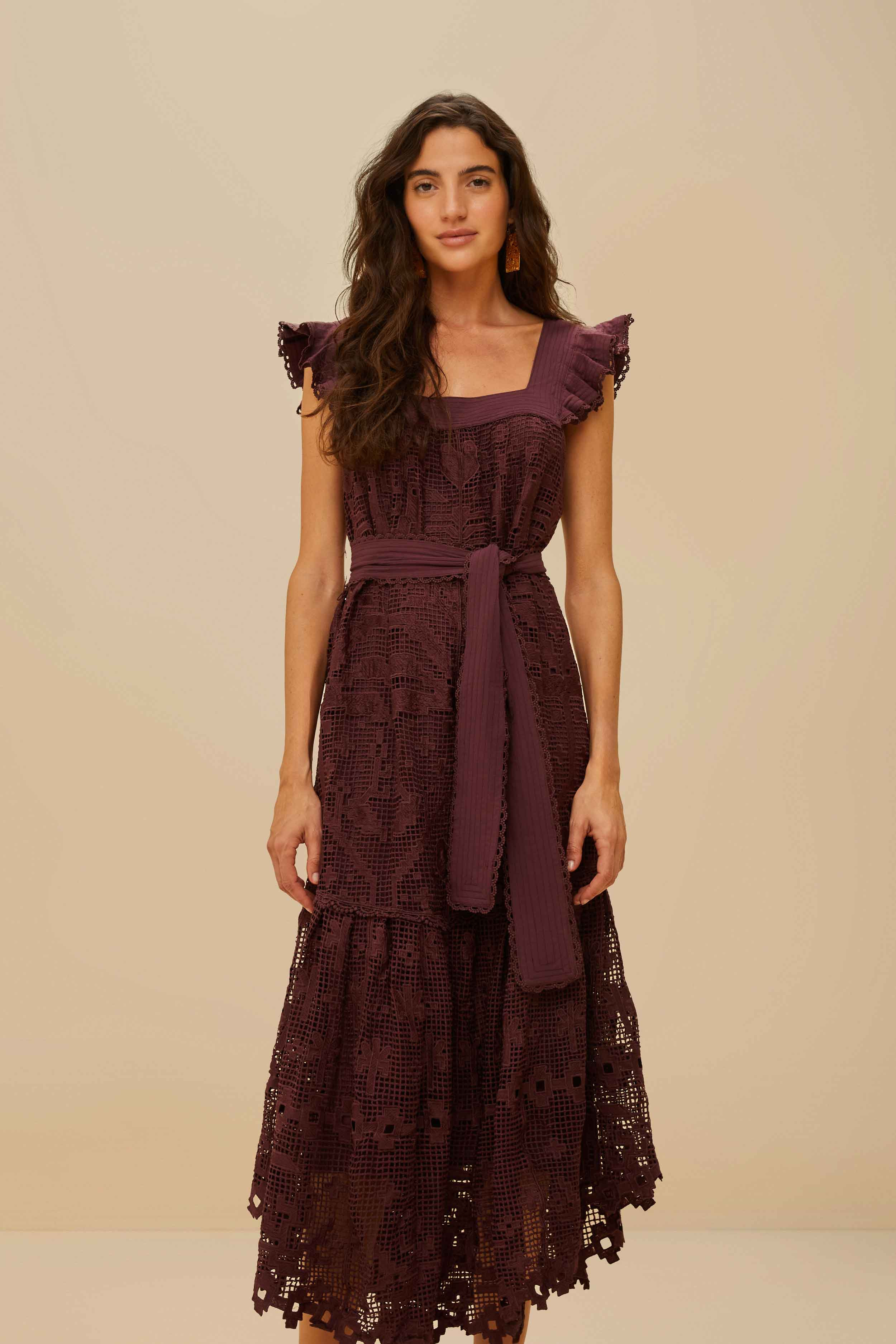 Brown Pineapple Guipure Midi Dress - 2