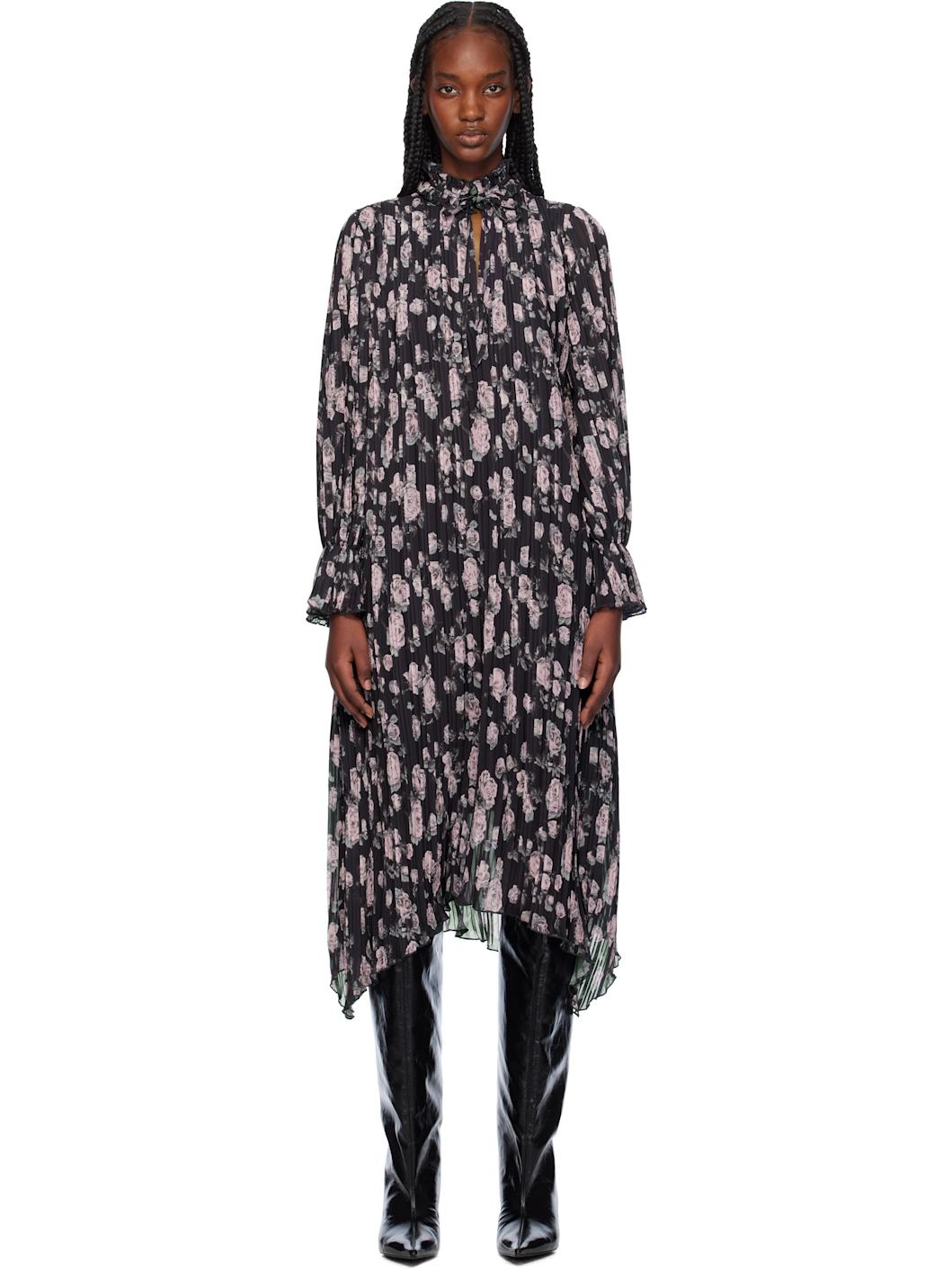 Black Floral Printed Pleated Midi Dress - 1