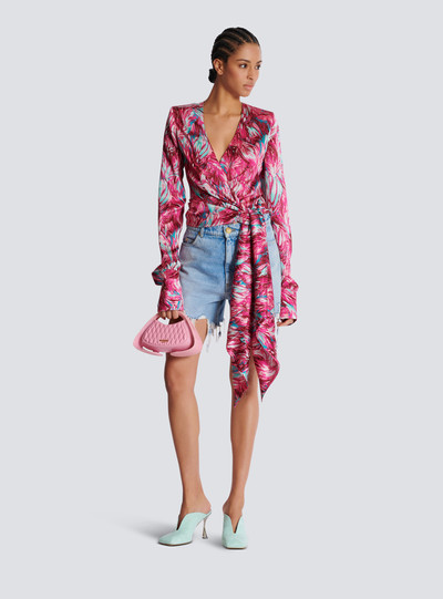 Balmain Feather print satin wrap blouse outlook