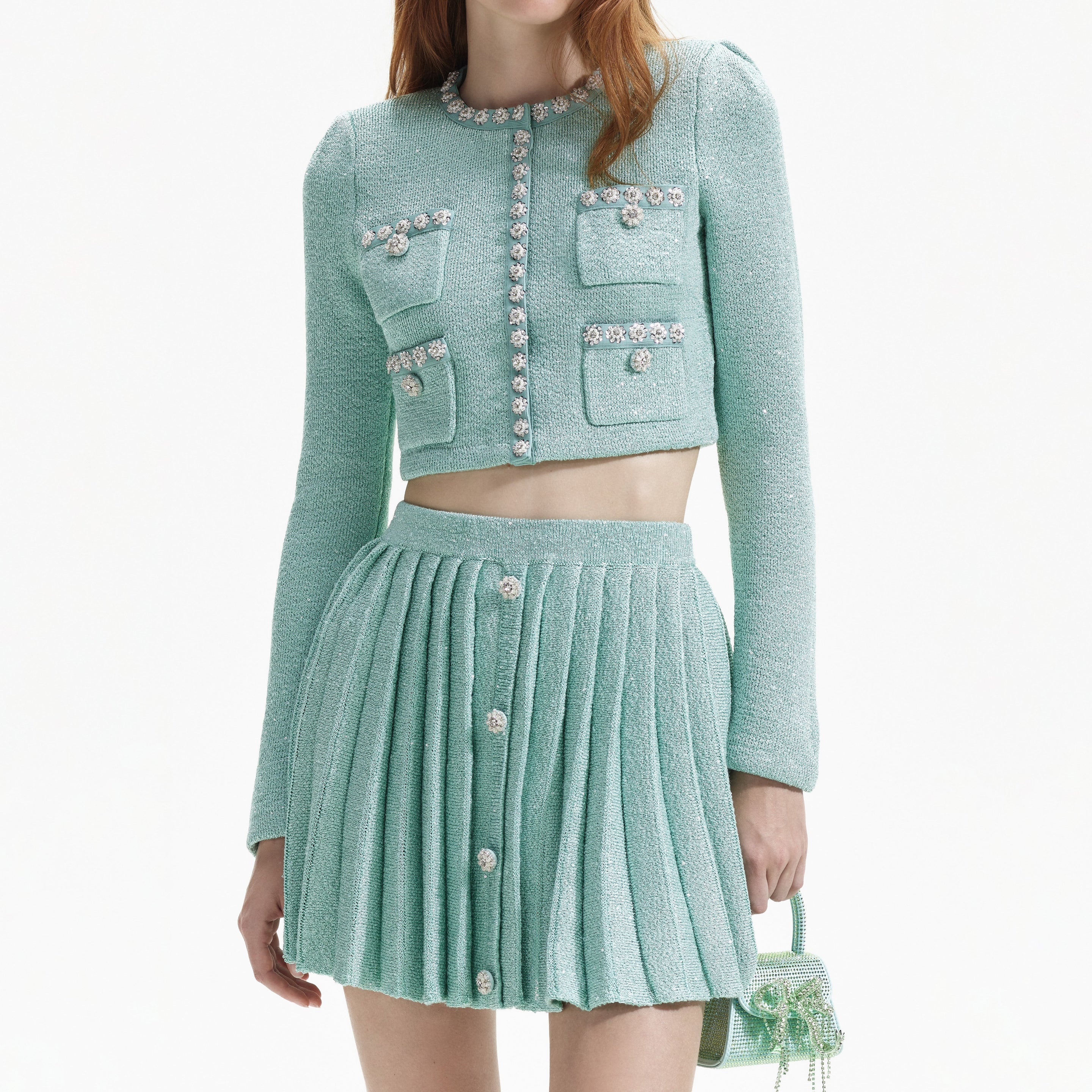 Mint Sequin Pleated Knit Skirt - 4