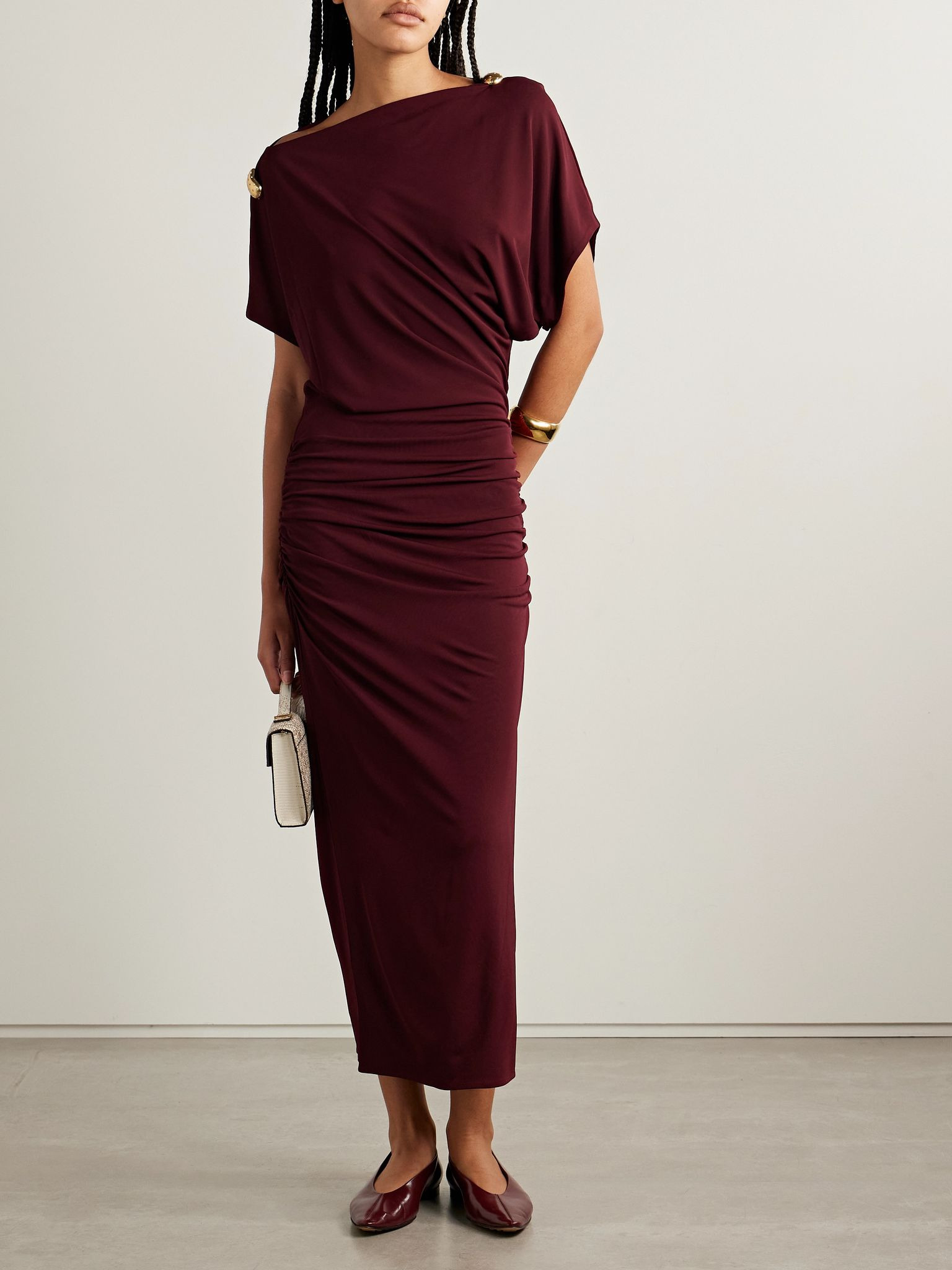 Brina embellished ruched jersey maxi dres Burgundy - 2
