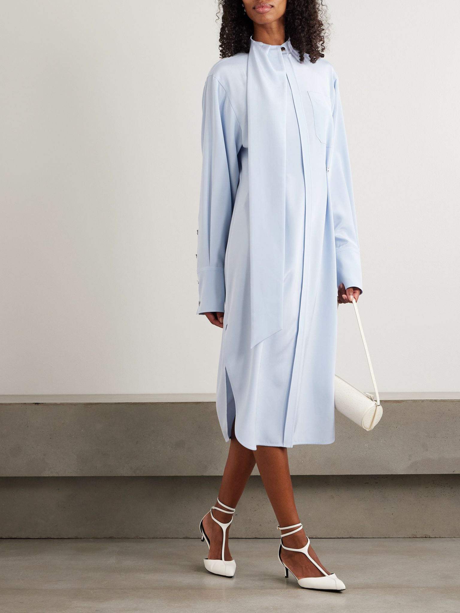 Esopo scarf-detailed silk-blend crepe de chine shirt dress Sky blue - 2