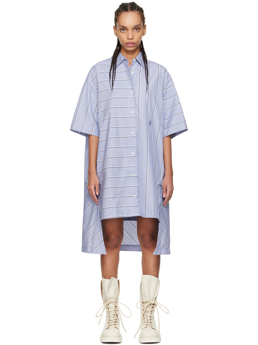 Blue Stepped Hem Shirt Minidress - 1