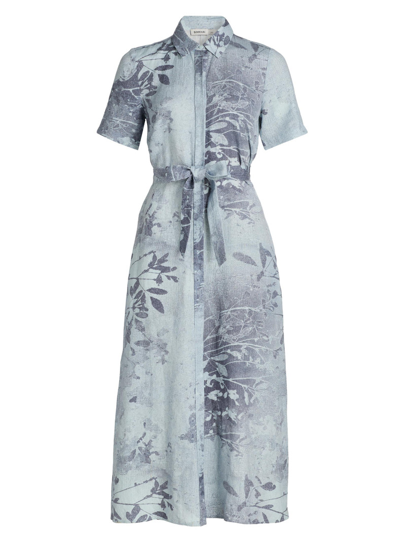 Women's Audria Floral Linen-Blend Belted Midi-Dress - Sky Floral 1