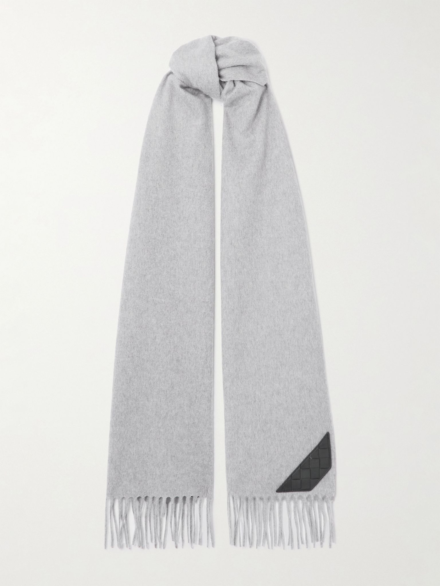 Intrecciato leather-trimmed fringed cashmere scarf Gray - 1