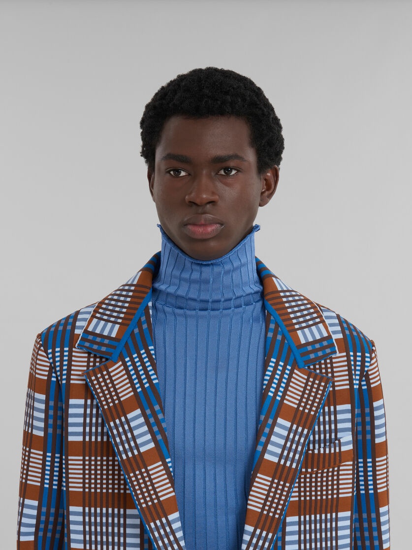 BROWN AND BLUE CHECKED TECHNO KNIT BLAZER - 4