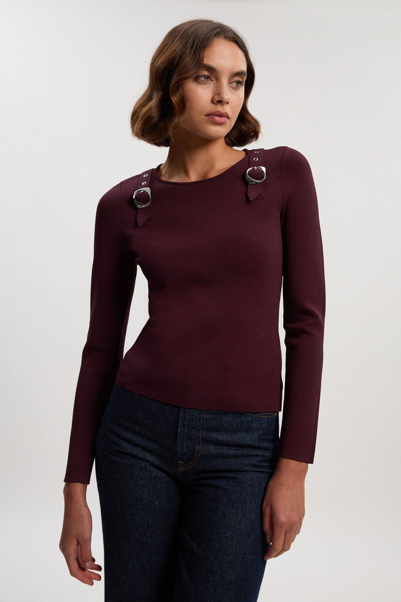 Buckle Trim Long Sleeve Knitted Top 3