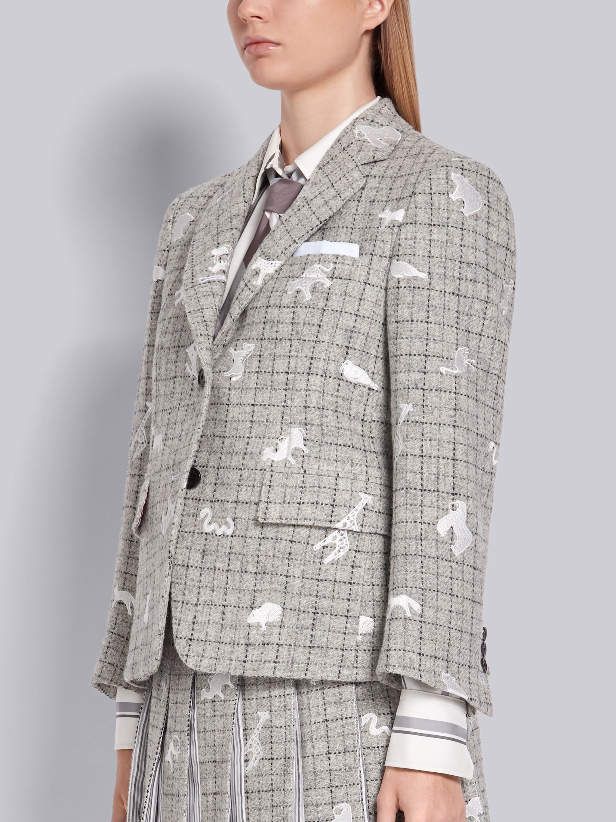 Light Grey Harris Wool Tweed Animal Icon Embroidered Classic Jacket - 2