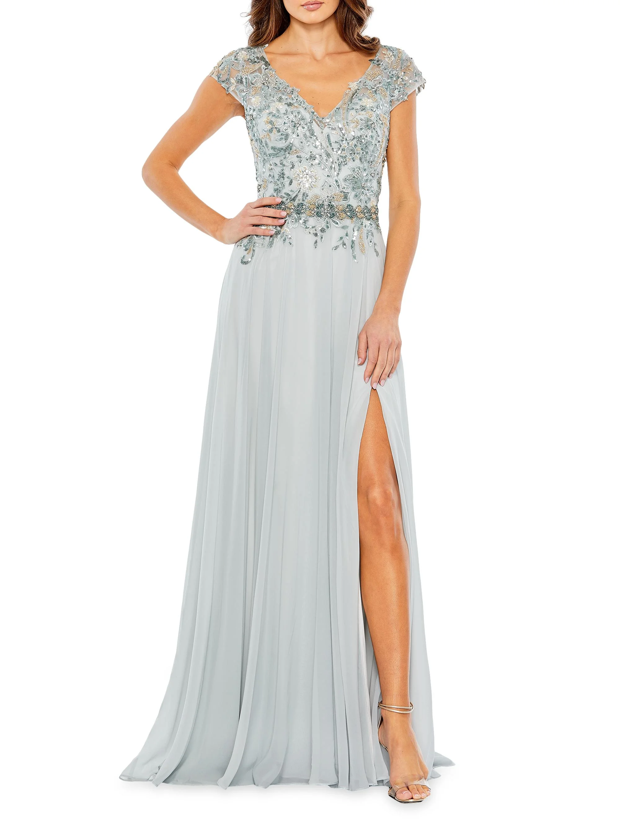 Women's Embellished Cap-Sleeve Tulle Gown - Sea Mist - 1