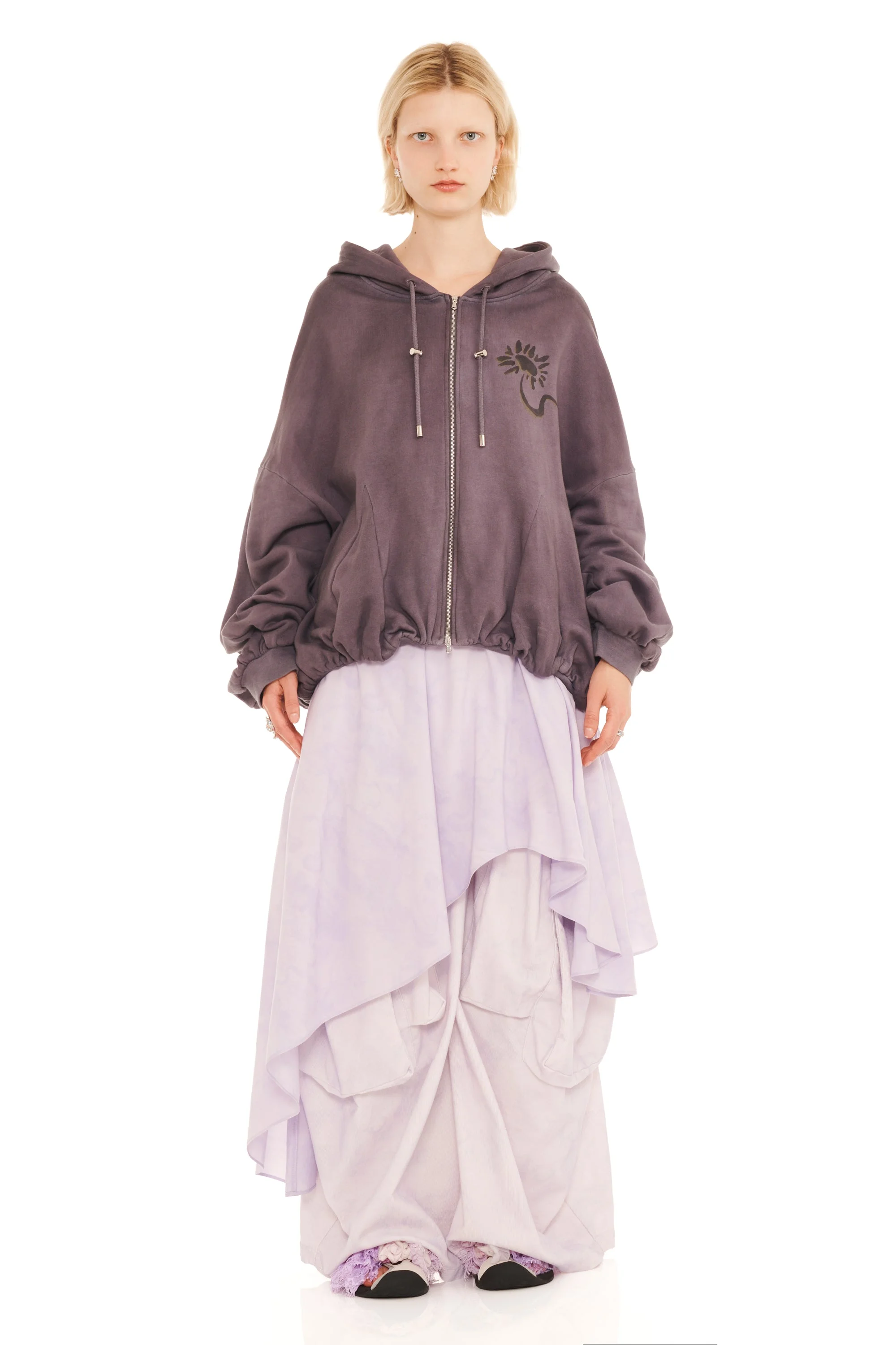 CHARCOAL DAISIES GATHERED ZIP UP HOODIE - 1