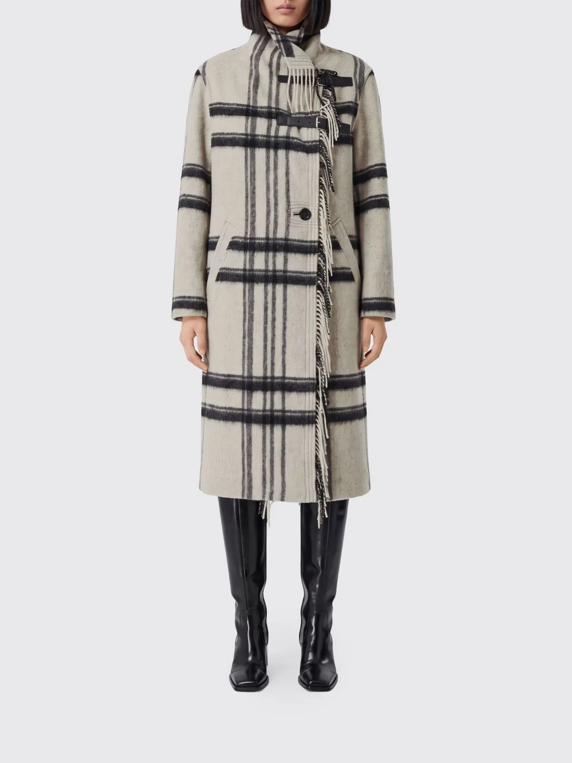 ISABEL MARANT ETOILE Single-Breasted Check Wool-Blend Coat with Fringes - 1