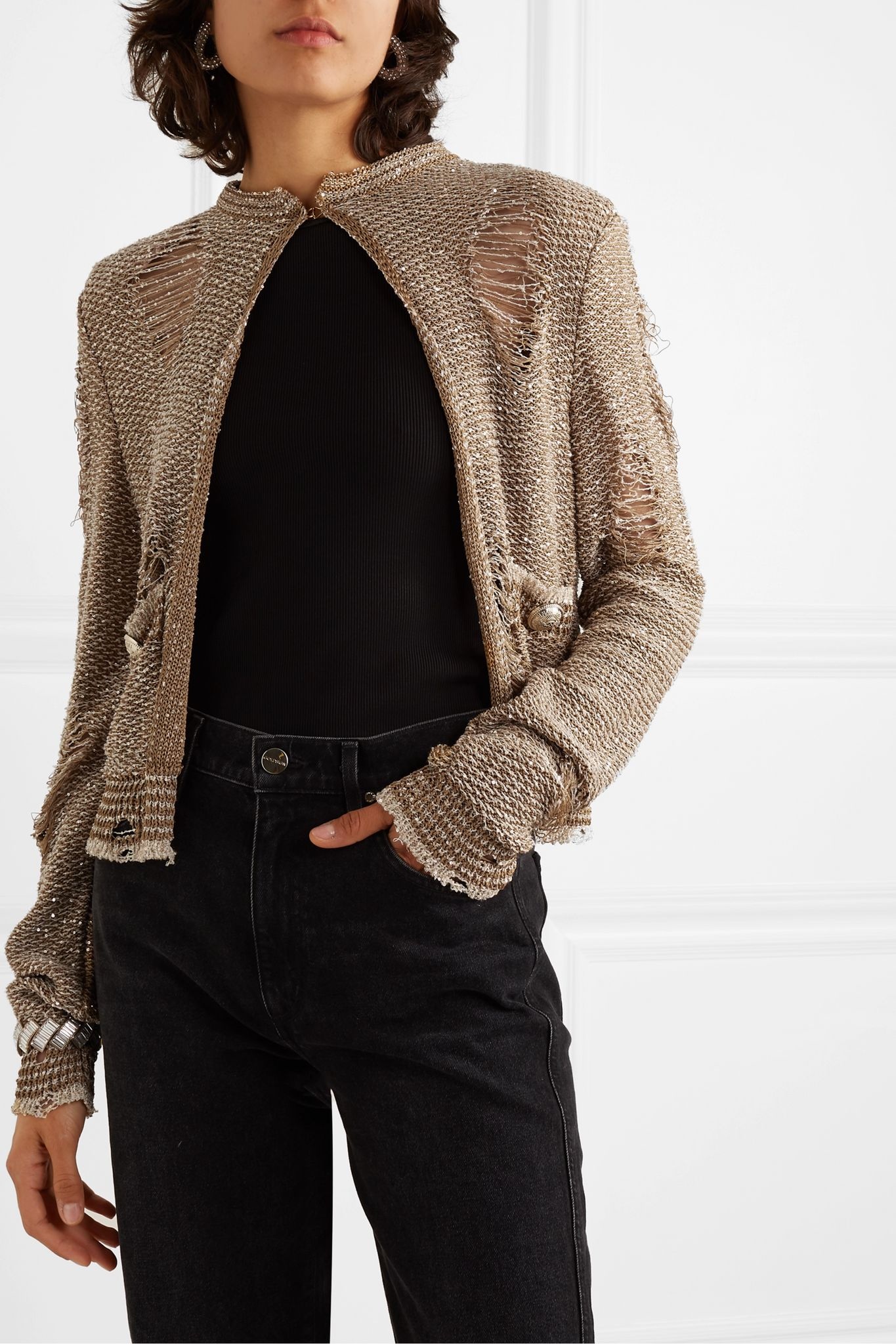 Distressed sequin-embellished knitted cardigan - 3