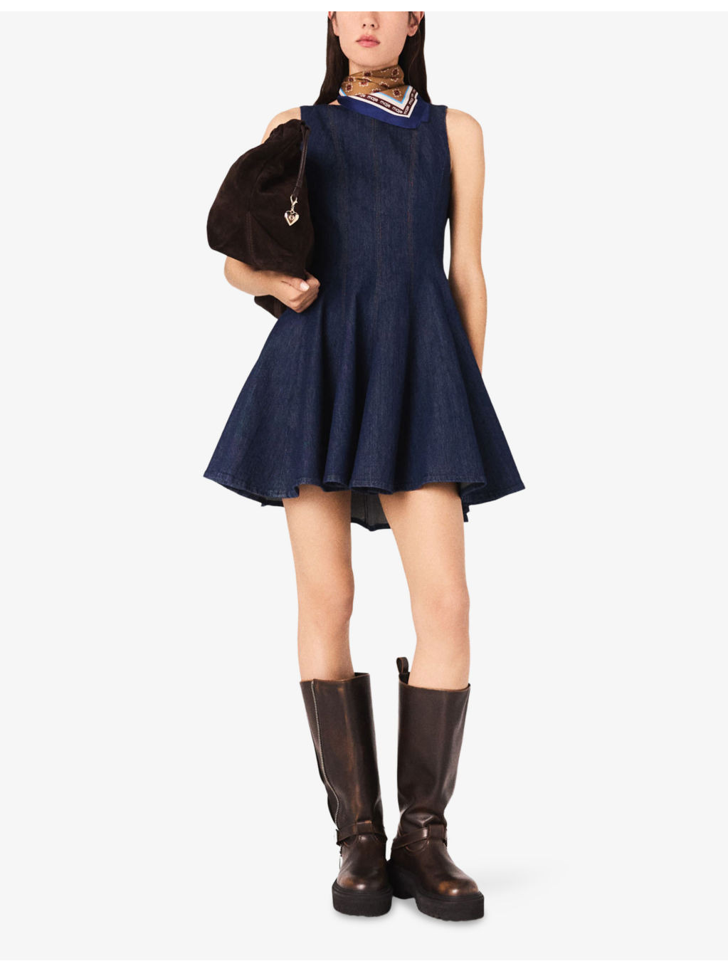 Round-Neck Flared-Skirt Stretch-Denim Mini Dress - 2