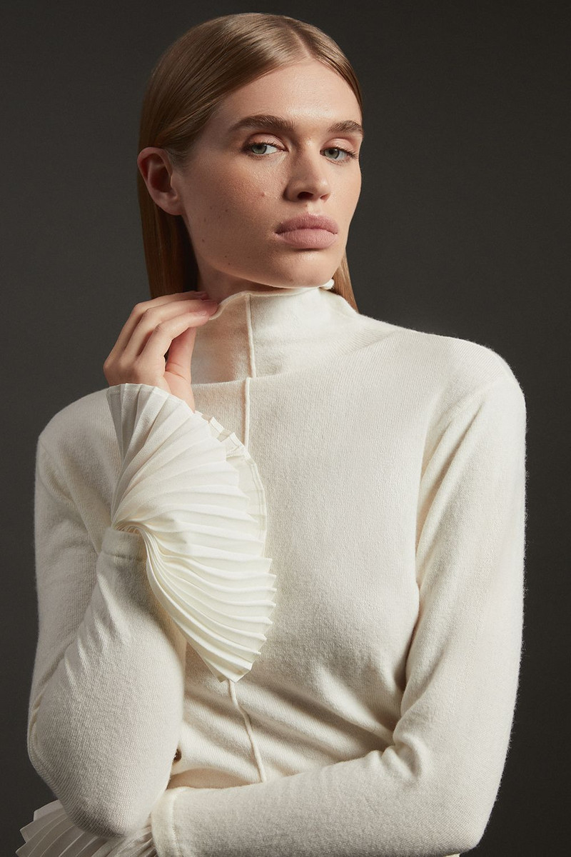 Wool and Alpaca Blend Knit Top With Pleated Silk Woven Cuffs 1