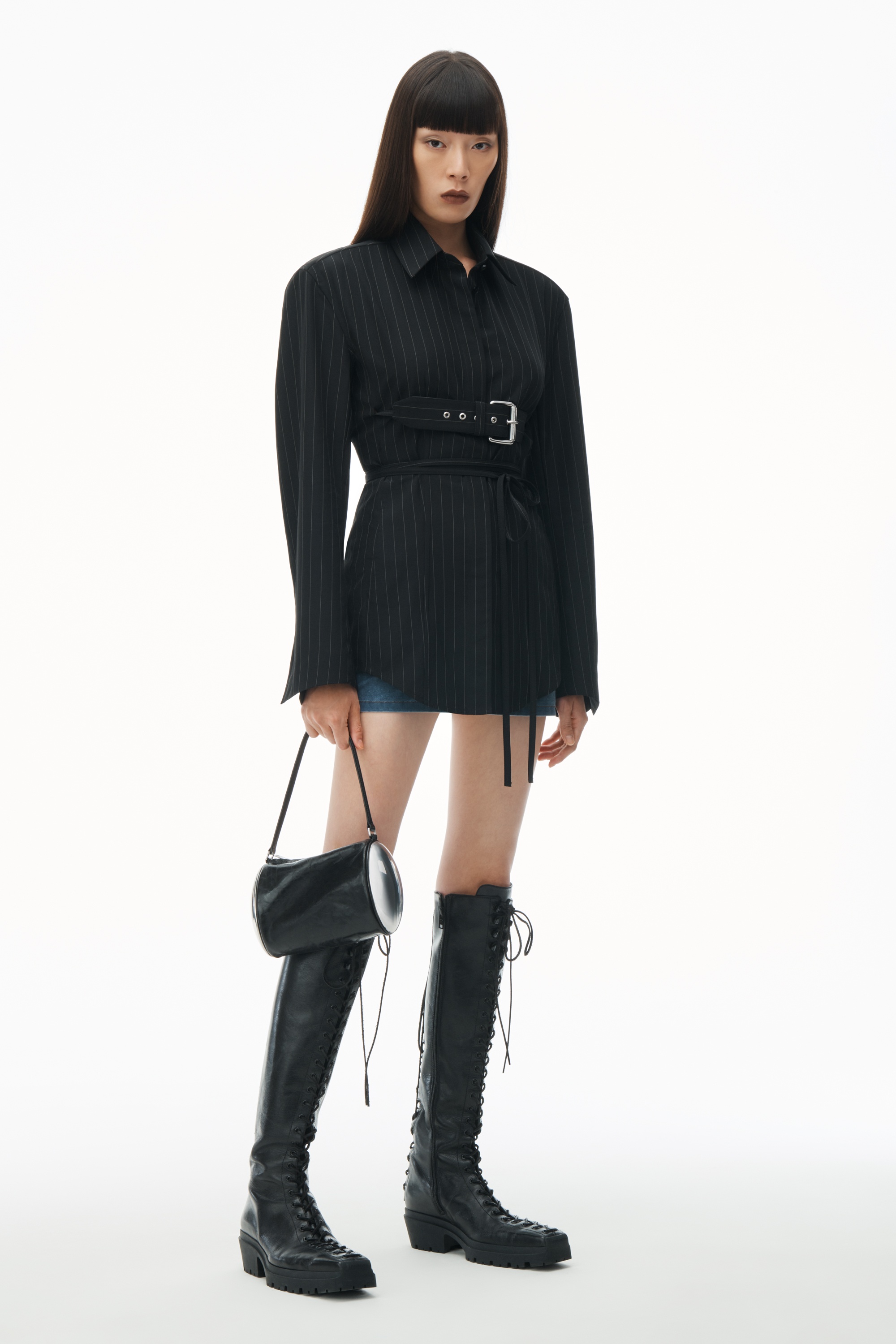 Long Sleeve Belted Shirt in Pinstripe Wool - 7