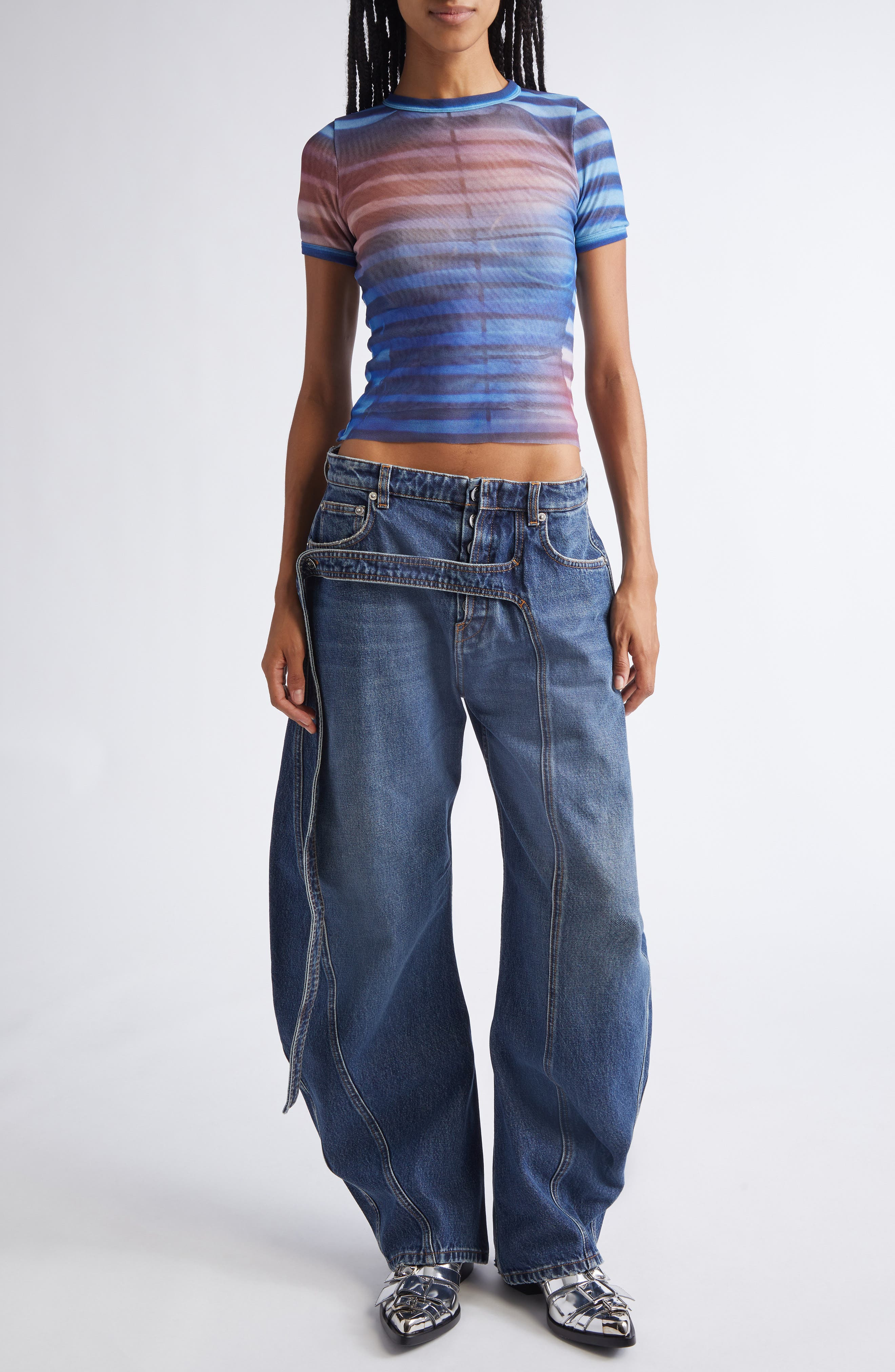 Jean Paul Gaultier Air Print Mesh Baby Tee in Light Blue/Blue/Peach at Nordstrom - 2