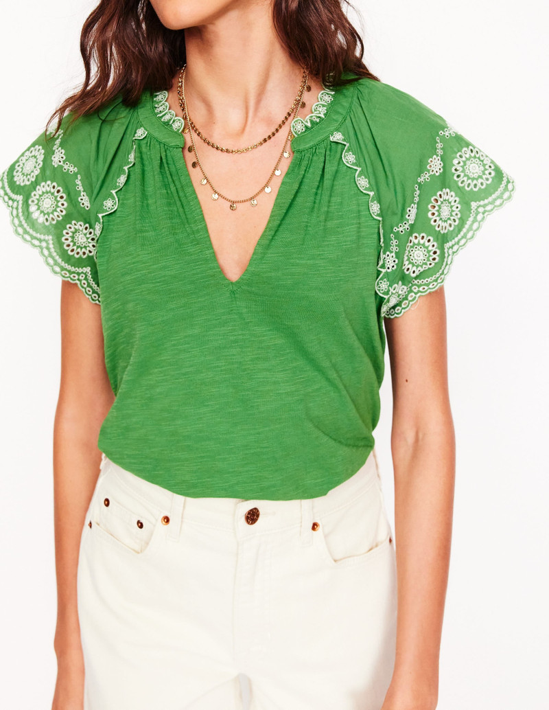Ila Broderie Sleeve Notch Top-Paradise Green 3