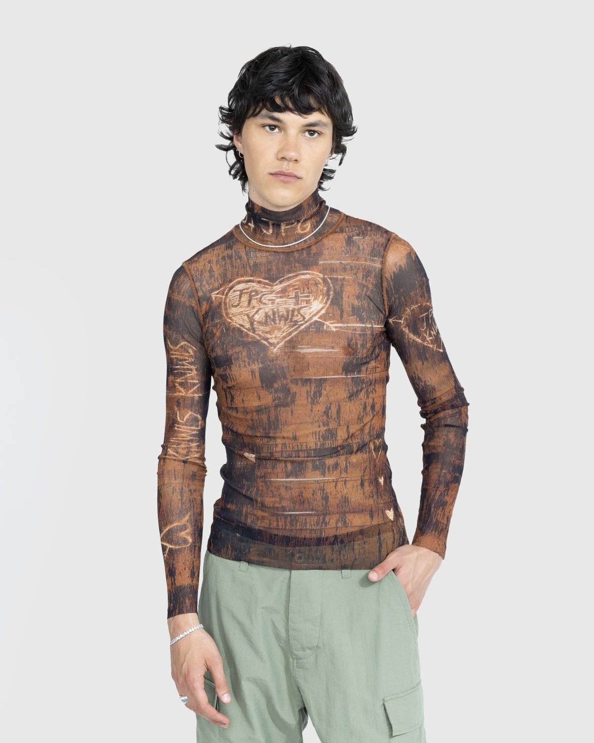 Jean Paul Gaultier – High Neck Longsleeve Printed Wood Top Brown/Ecru - 2