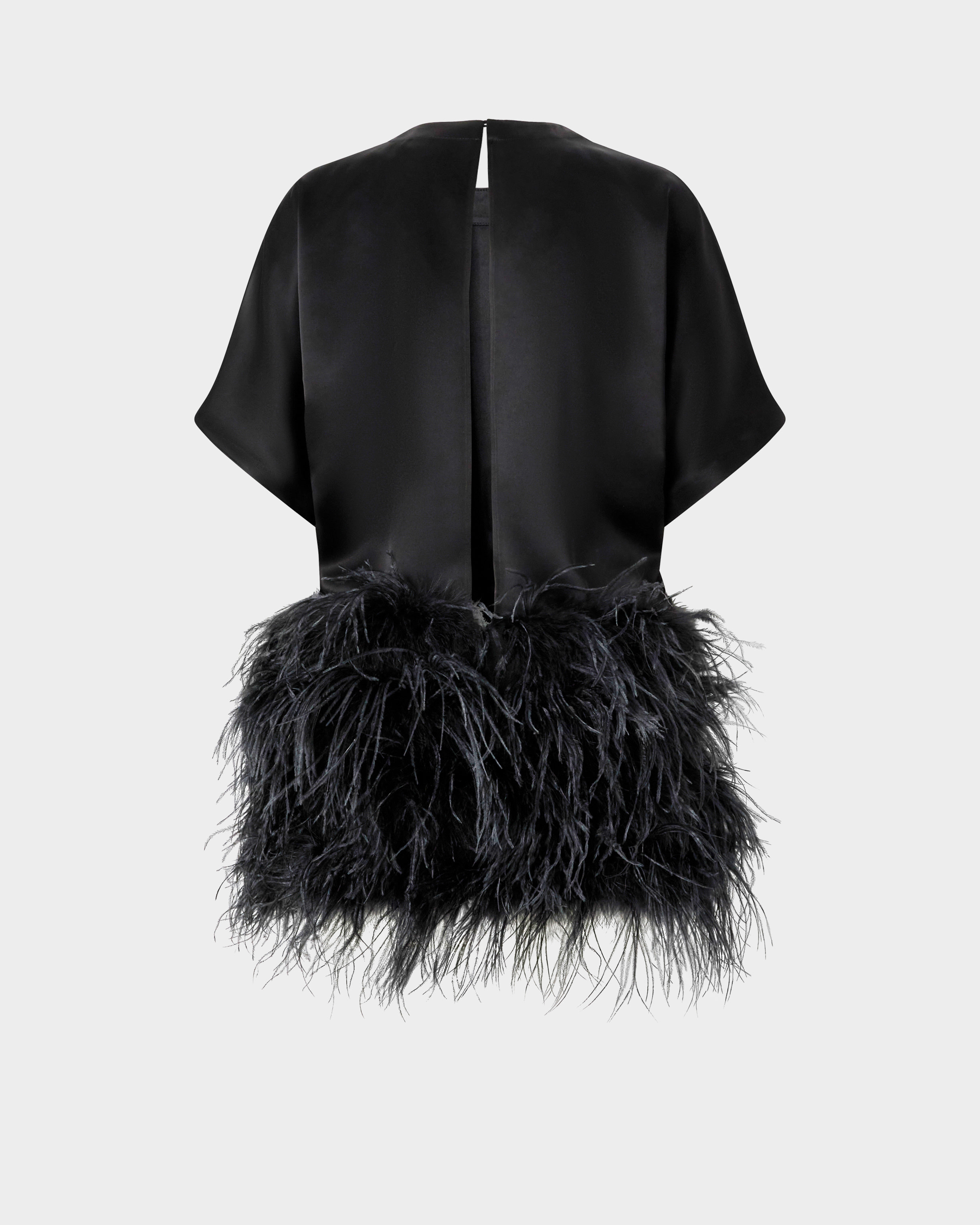GLOSSY SATIN EVENING DRESS WITH FEATHERS - 6