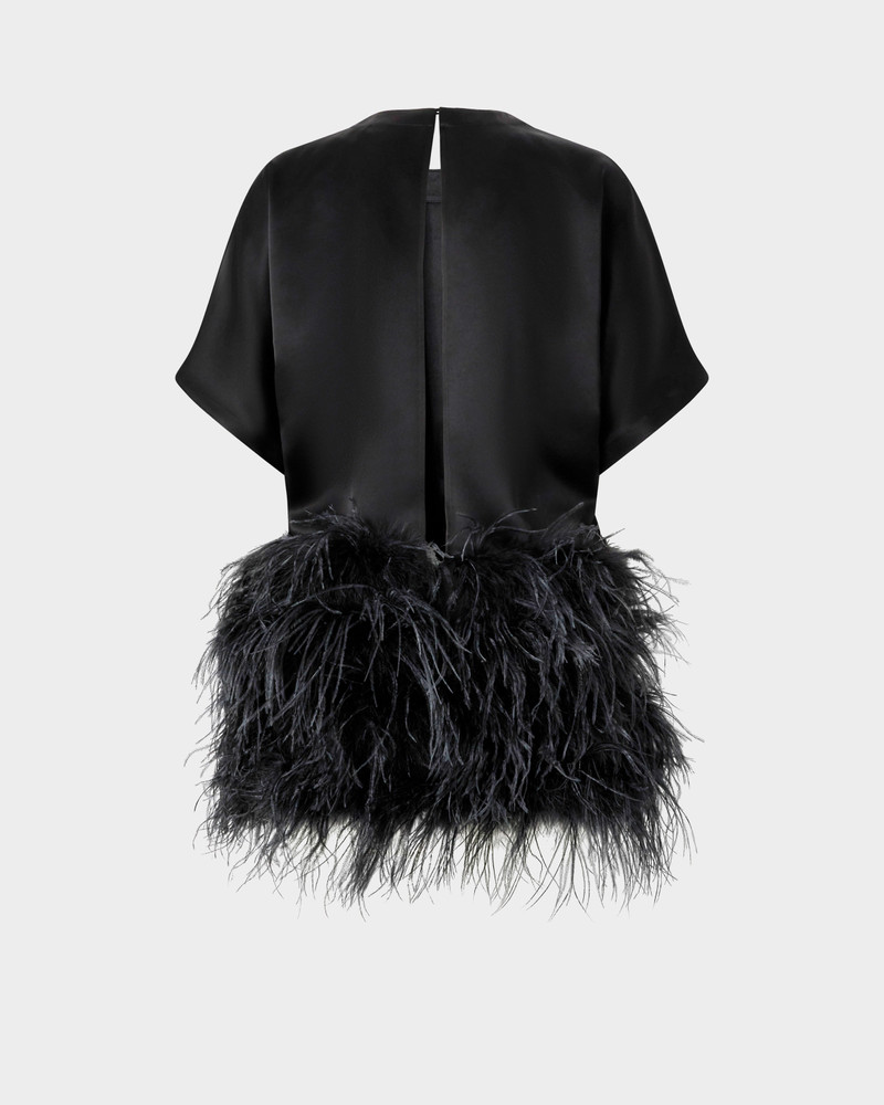 GLOSSY SATIN EVENING DRESS WITH FEATHERS 6