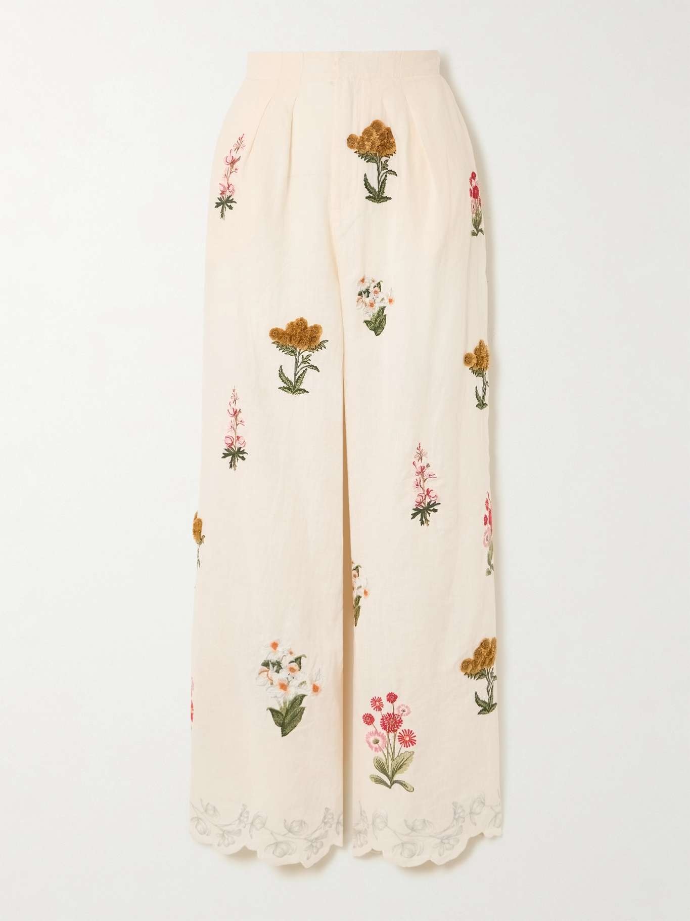 Piñon Prado pleated scalloped embroidered linen wide-leg pants - 1