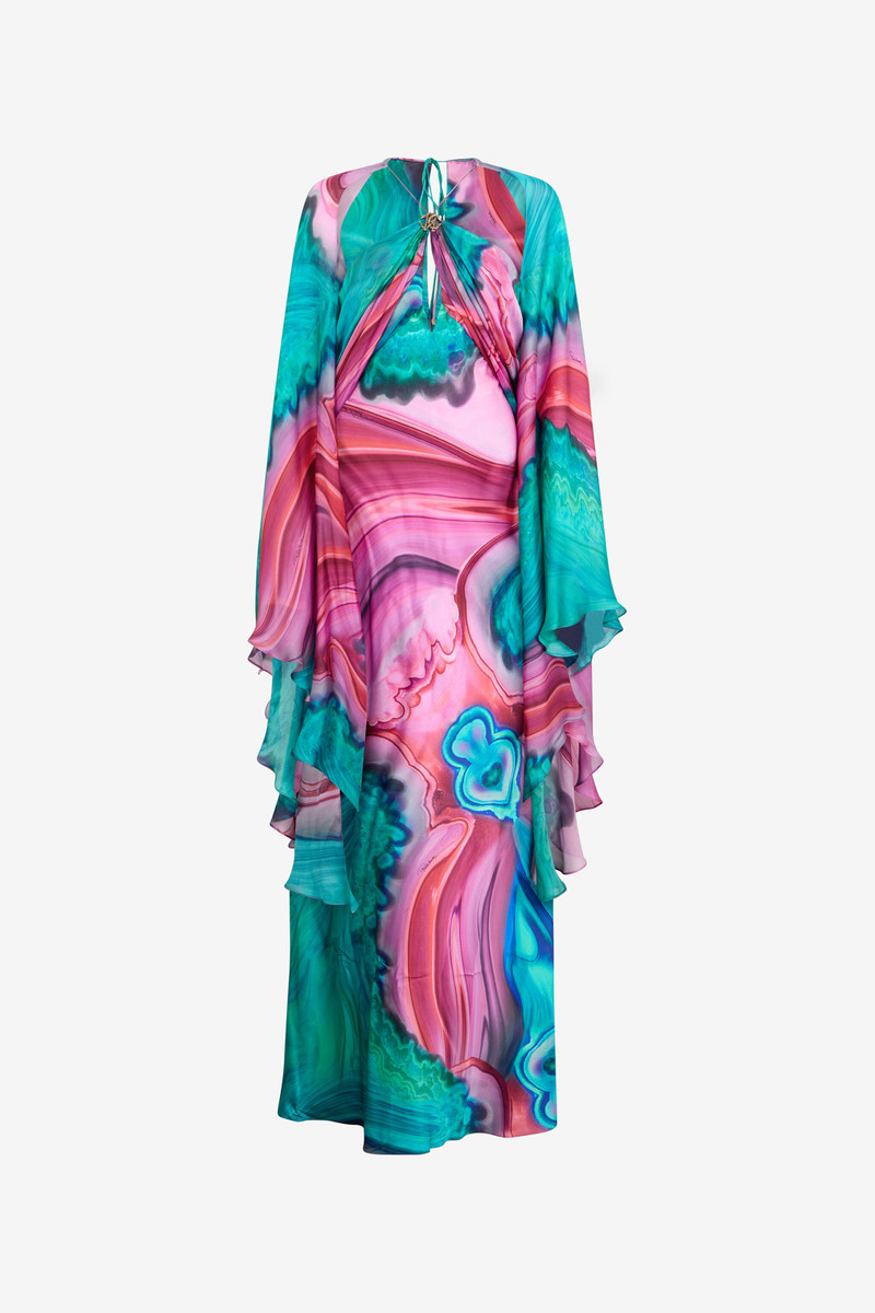 Long silk dress with cut-out and multicolor marble print 1