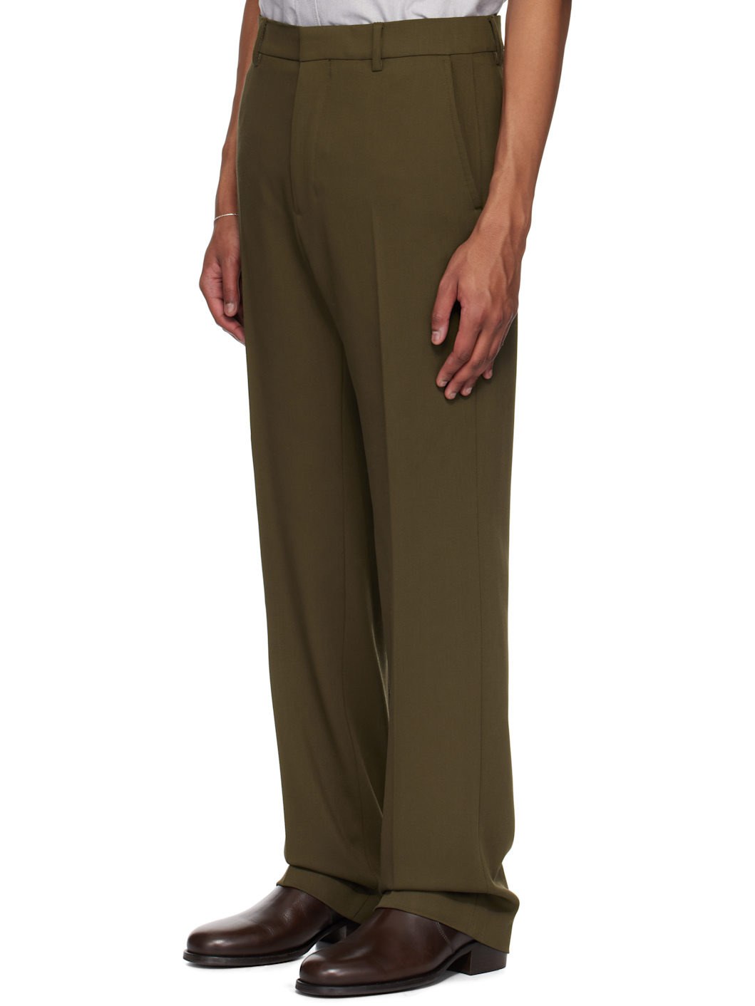 Khaki Wool Straight Fit Trousers - 4
