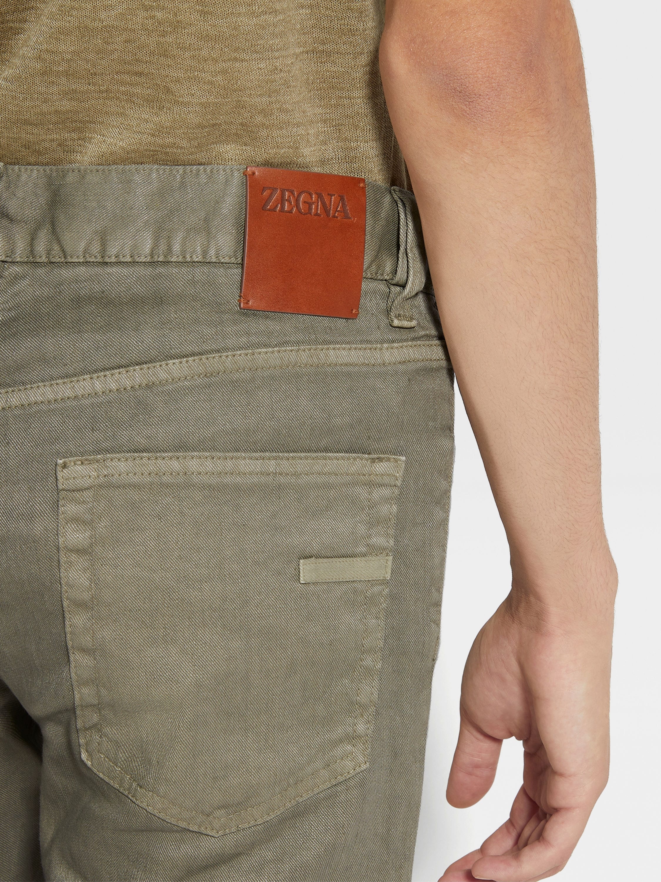 OLIVE GREEN STRETCH LINEN AND COTTON ROCCIA JEANS - 2