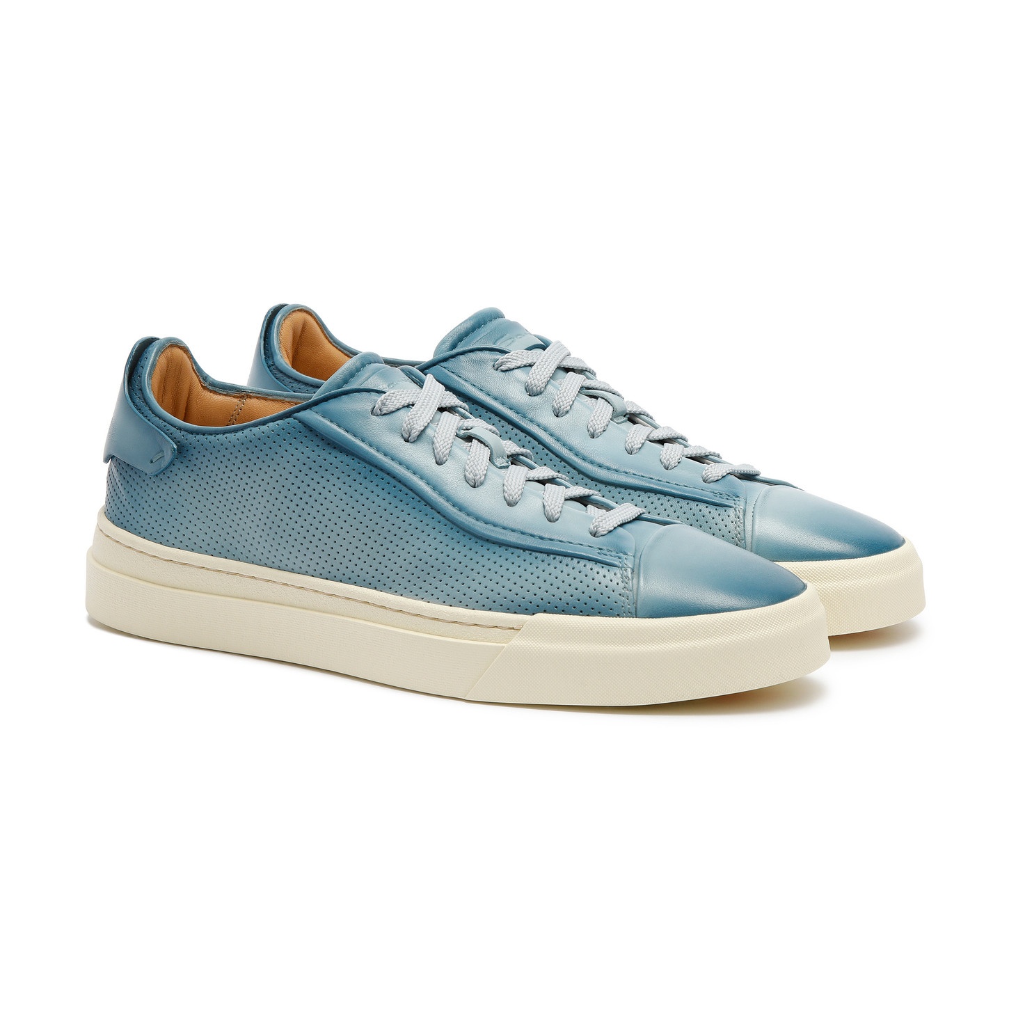 Men's polished light blue leather perforated-effect sneaker - 3