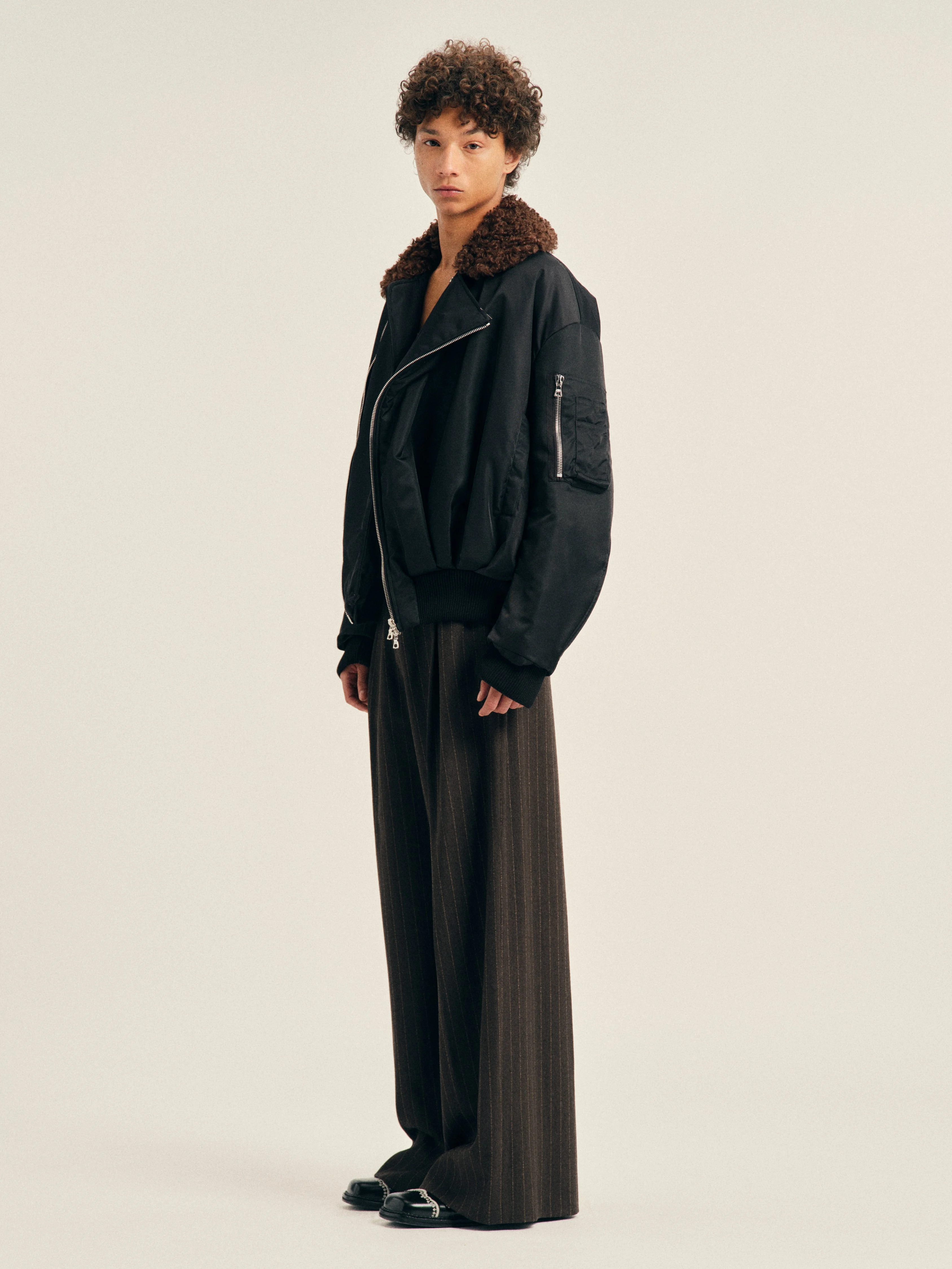 Draped Faux Fur Detail Side Zip Bomber Jacket - 1