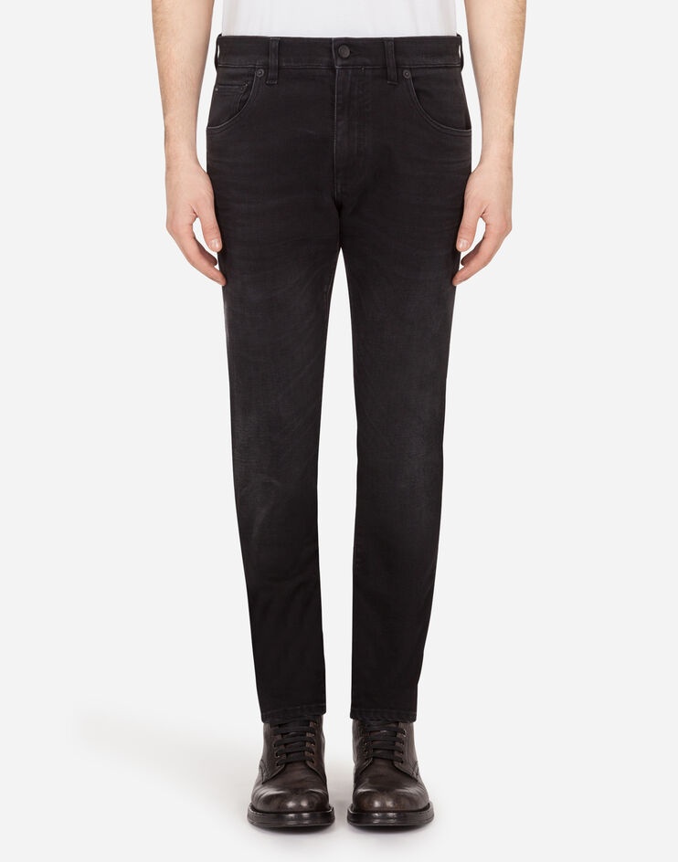 Washed black slim-fit stretch jeans - 1