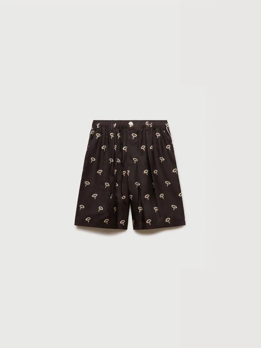 BROWN SILK TWILL PAJAMA SHORTS WITH FLORAL PRINT - 1