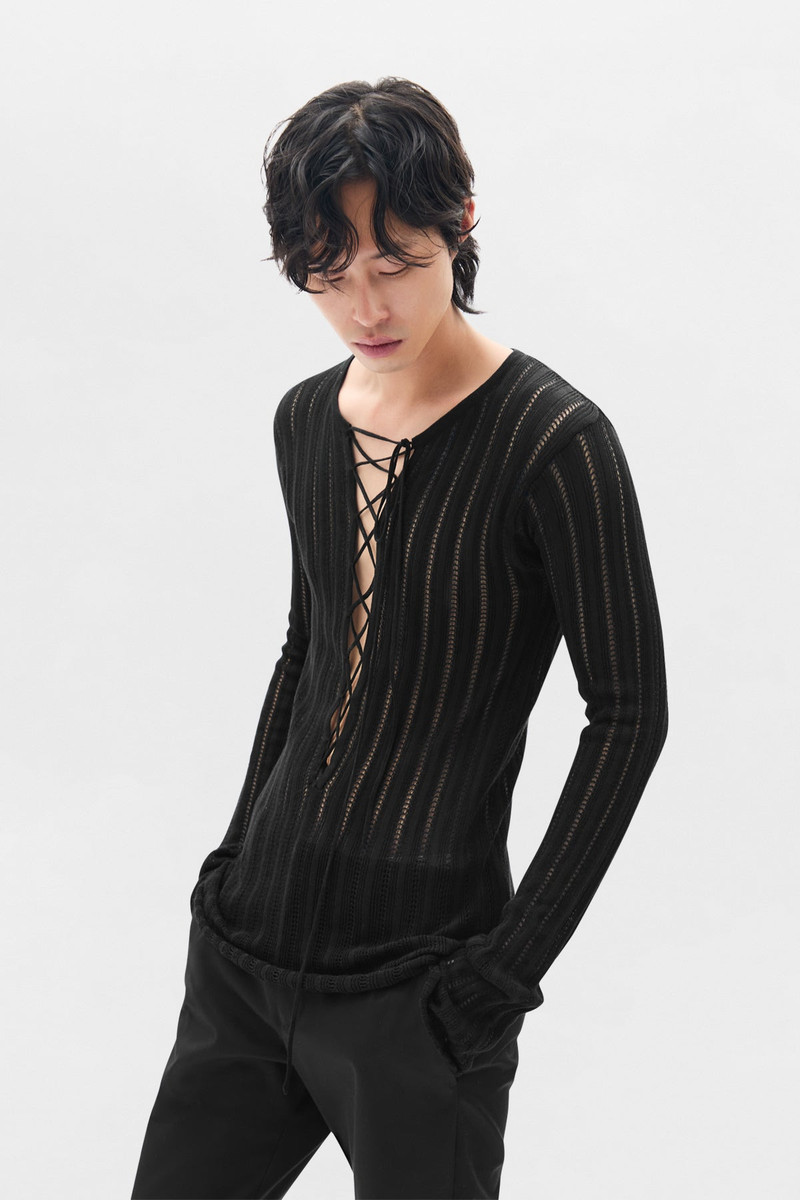 Ann Demeulemeester Kell Open Rib Laced Up Serafino Knit Top outlook